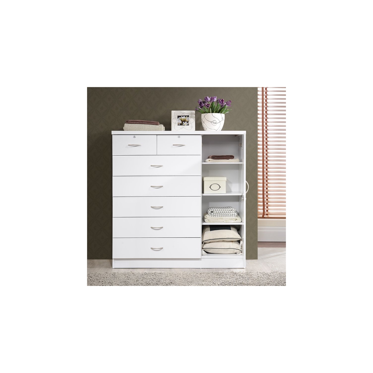 Hodedah 7 Drawer Chest with Locks on 2 Drawers and 1 Door in White Wood