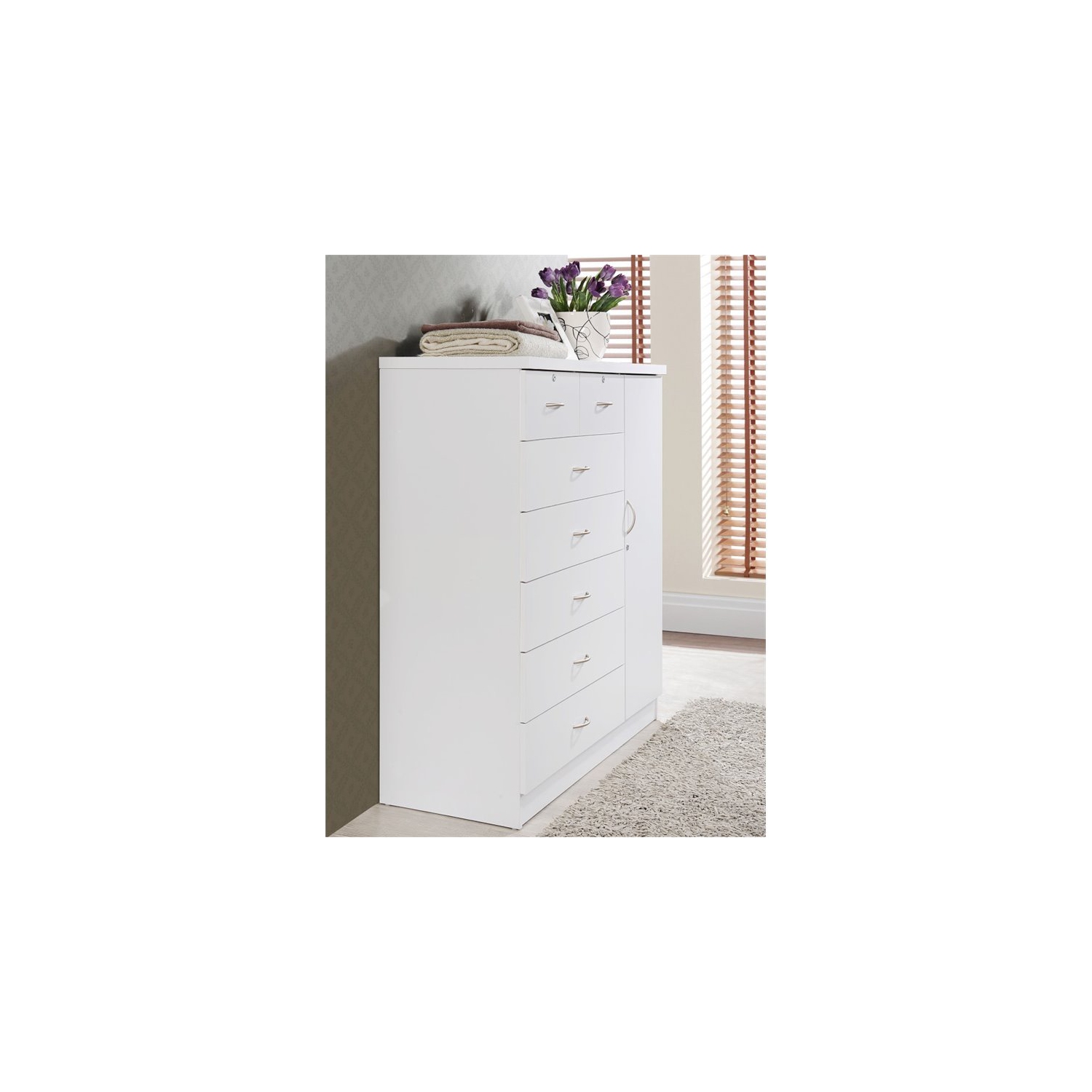 Hodedah 7 Drawer Chest with Locks on 2 Drawers and 1 Door in White Wood