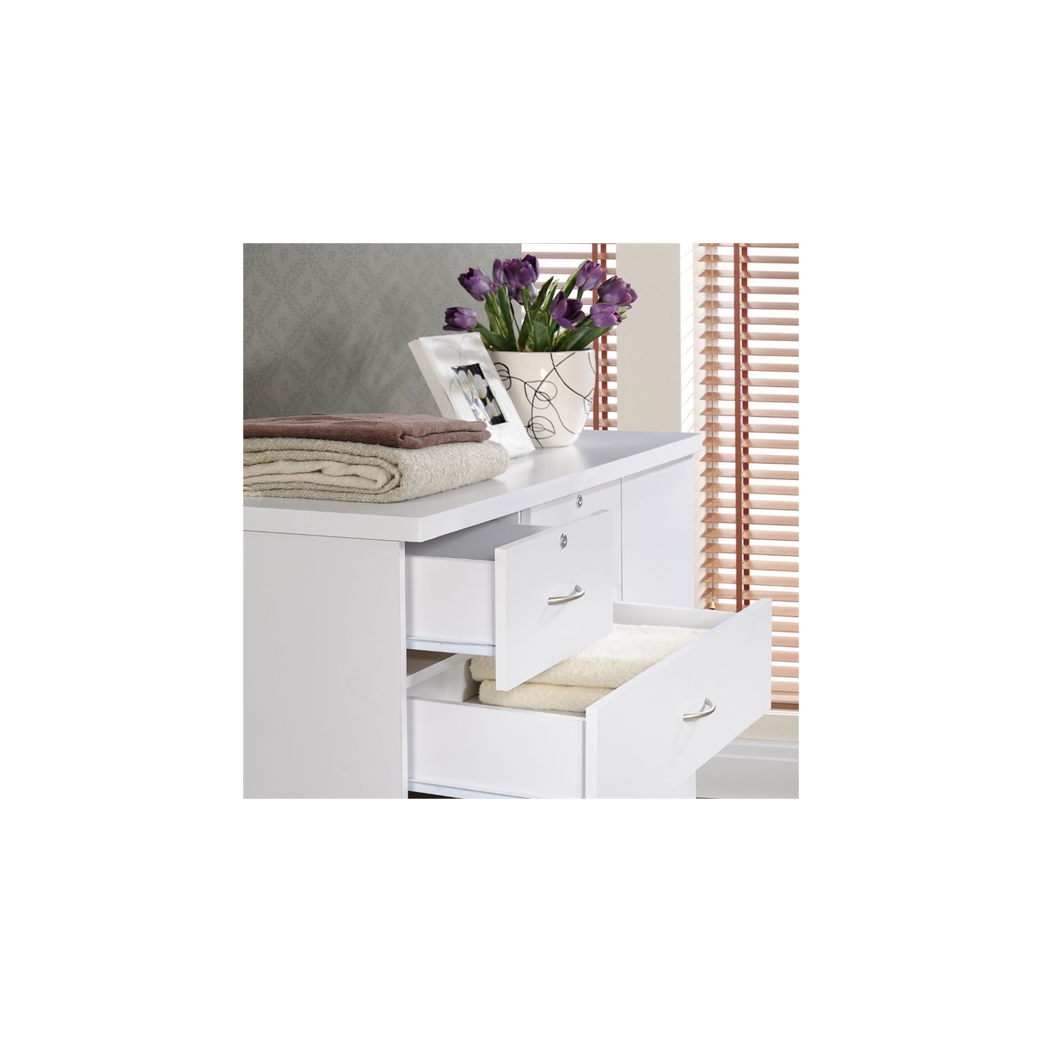 Hodedah 7 Drawer Chest with Locks on 2 Drawers and 1 Door in White Wood