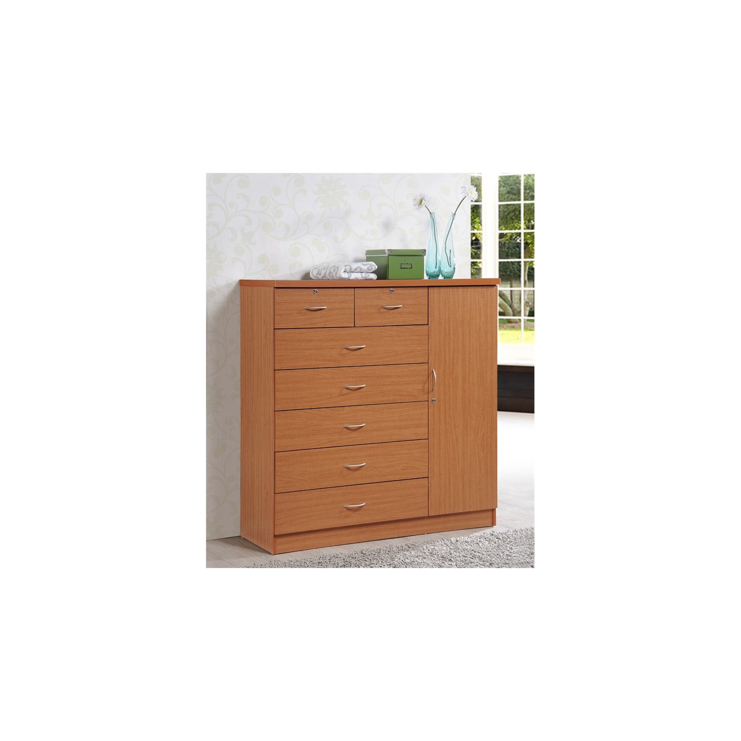 Hodedah 7 Drawer Chest with Locks on 2 Drawers and 1 Door in Cherry Wood