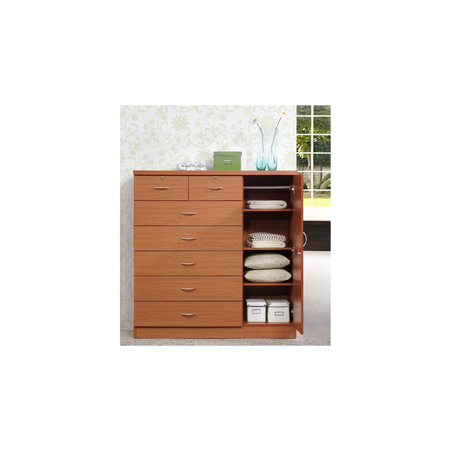 Hodedah 7 Drawer Chest with Locks on 2 Drawers and 1 Door in Cherry Wood