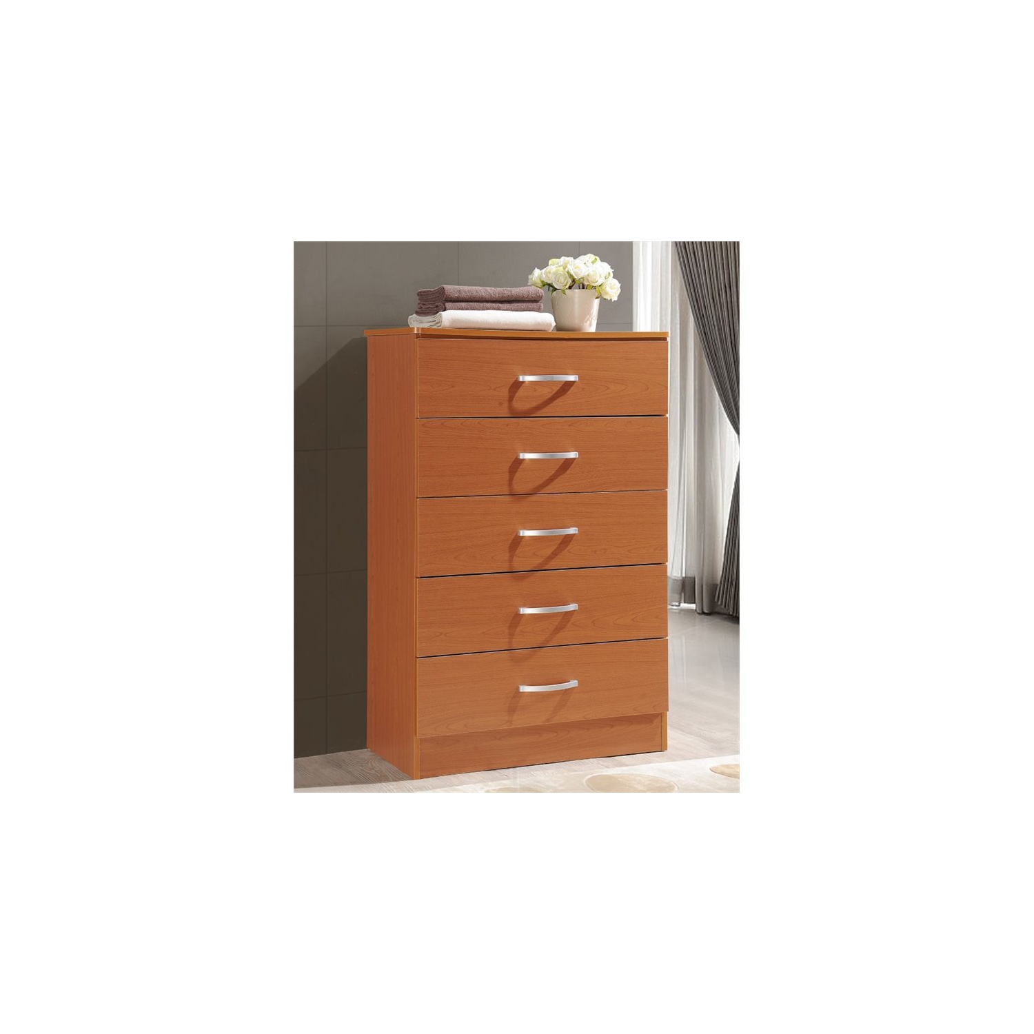 Hodedah Five Drawer Contemporary Wooden Chest in Cherry Finish