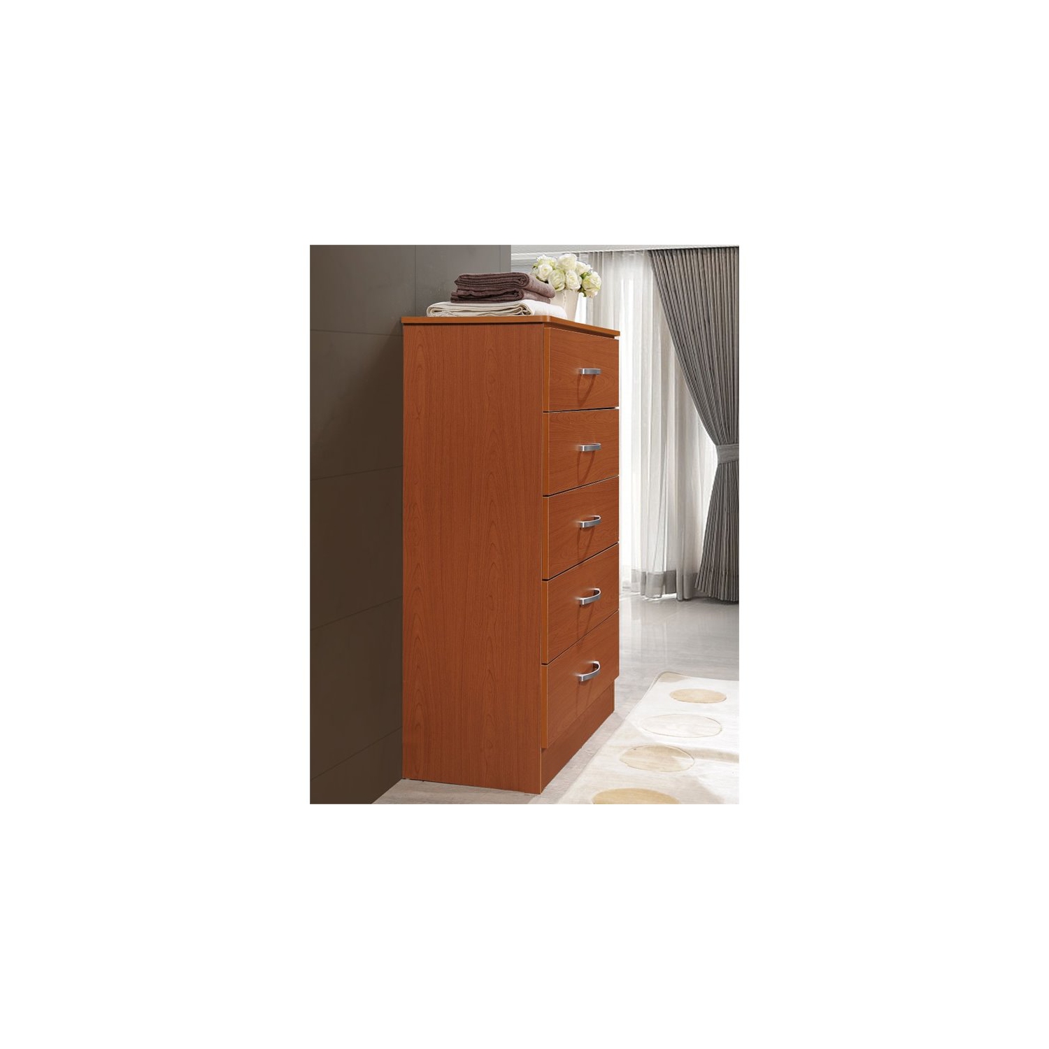 Hodedah Five Drawer Contemporary Wooden Chest in Cherry Finish