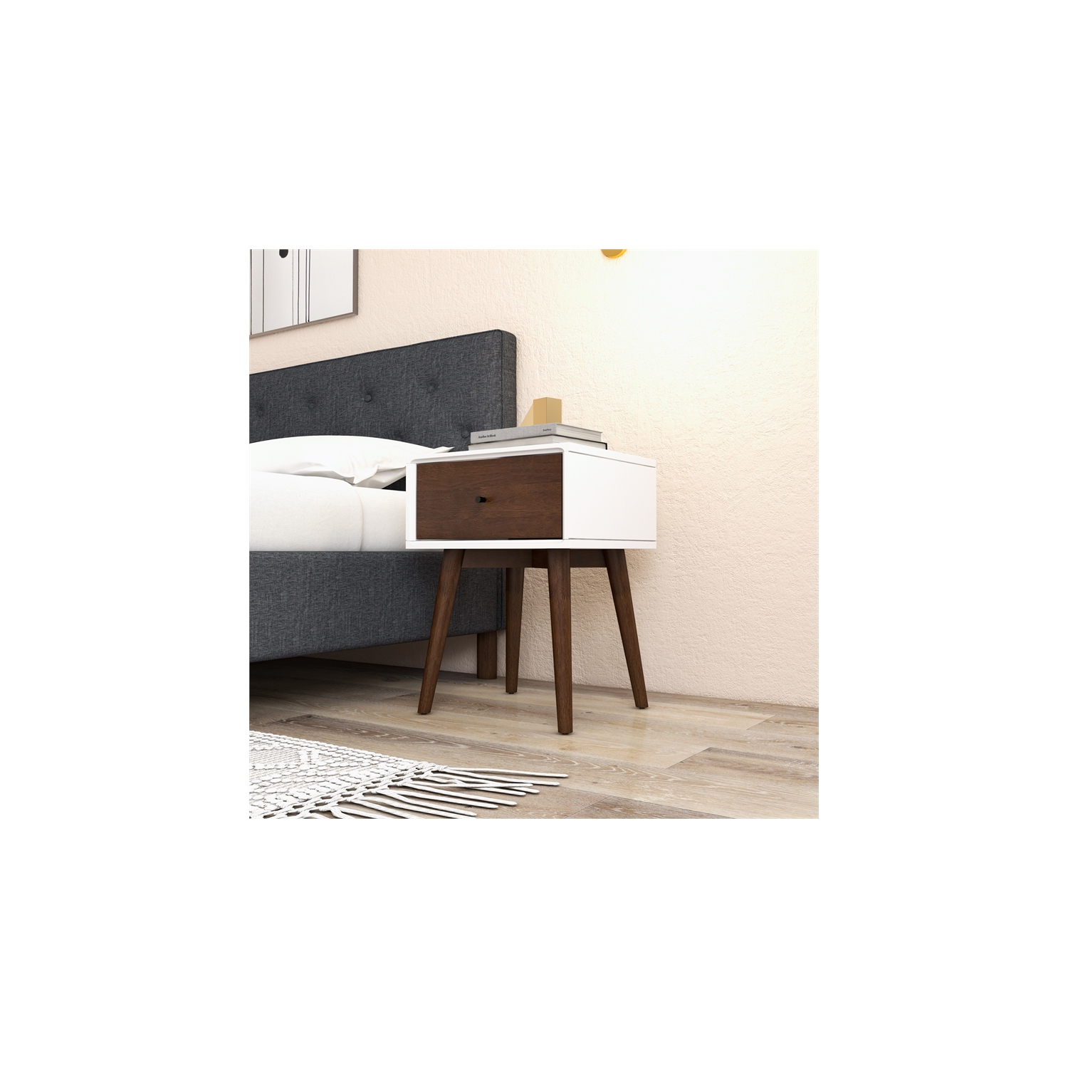 Cooper Mid-Century Modern Solid Wood Frame White 1-Drawer Nightstand