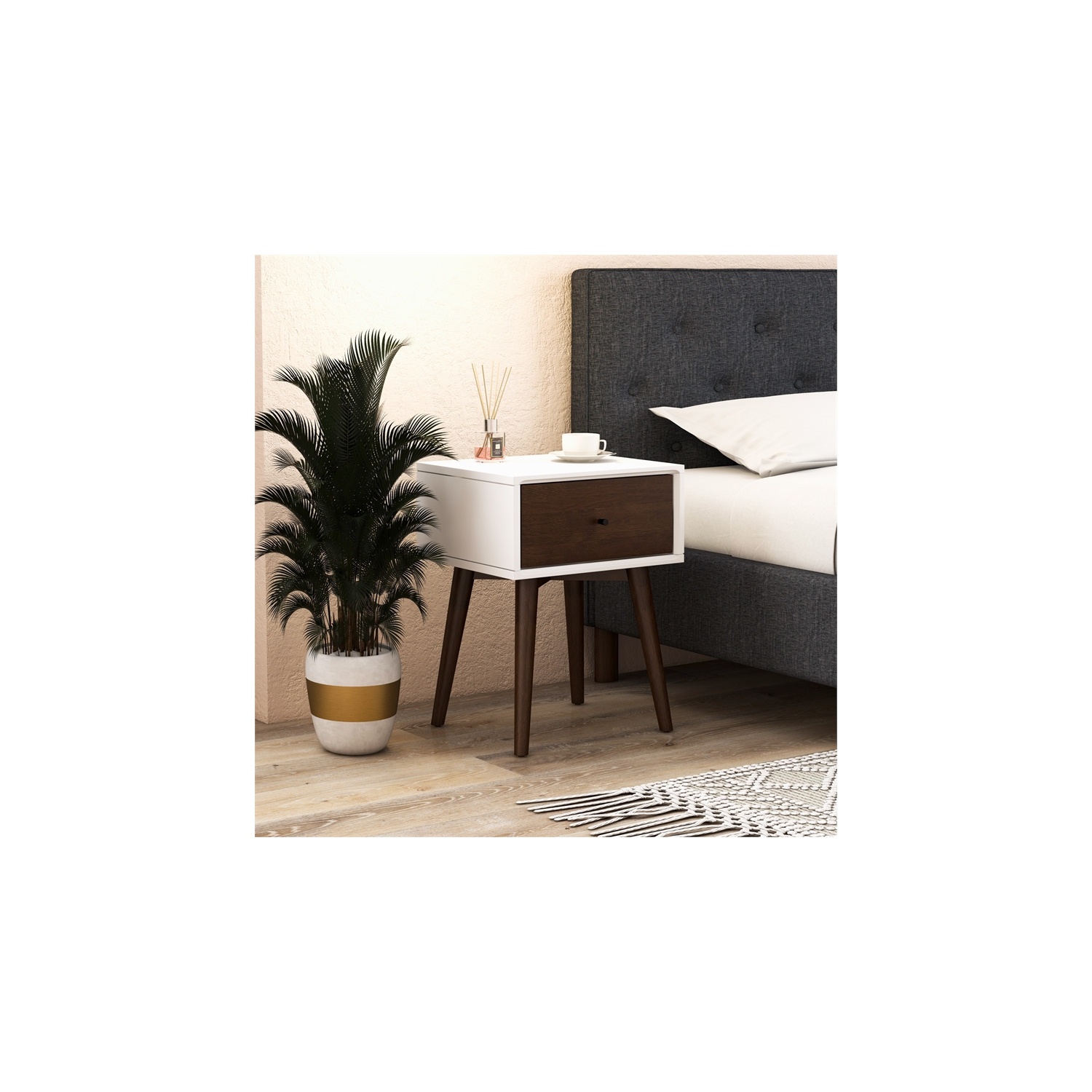 Cooper Mid-Century Modern Solid Wood Frame White 1-Drawer Nightstand