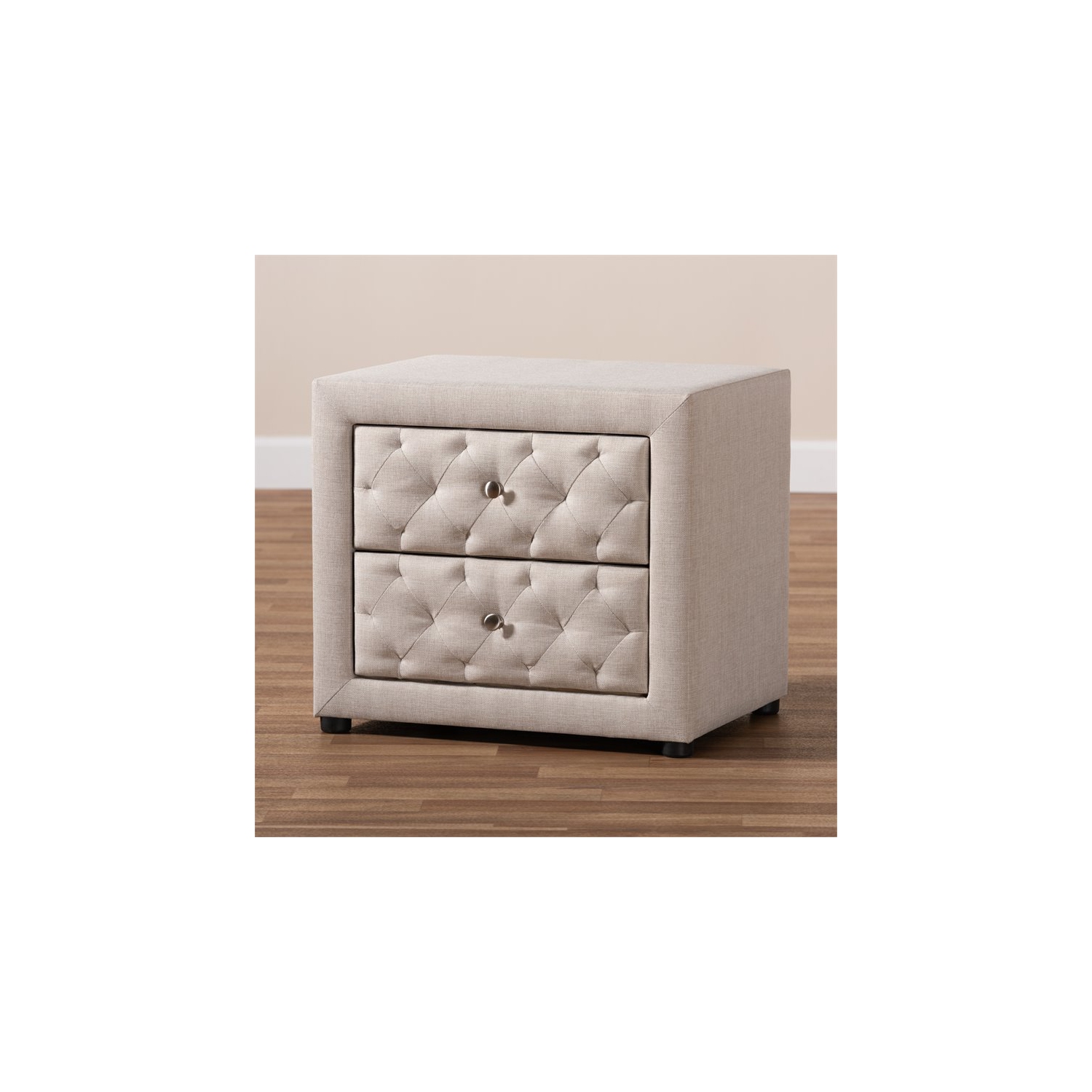 Bowery Hill 2-Drawer Tufted Fabric and Wood Nightstand in Light Beige