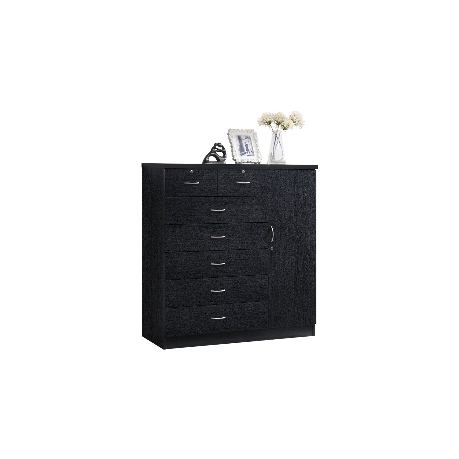 Hodedah 7 Drawer Chest with Locks on 2 Drawers and 1 Door in Black Wood