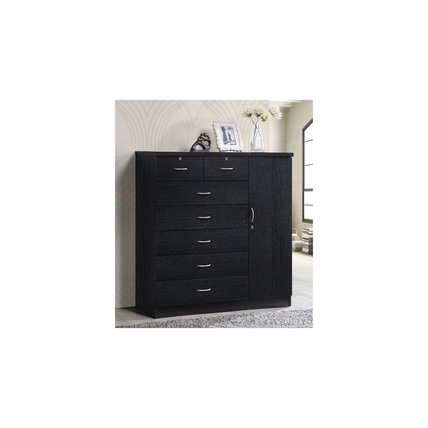 Hodedah 7 Drawer Chest with Locks on 2 Drawers and 1 Door in Black Wood