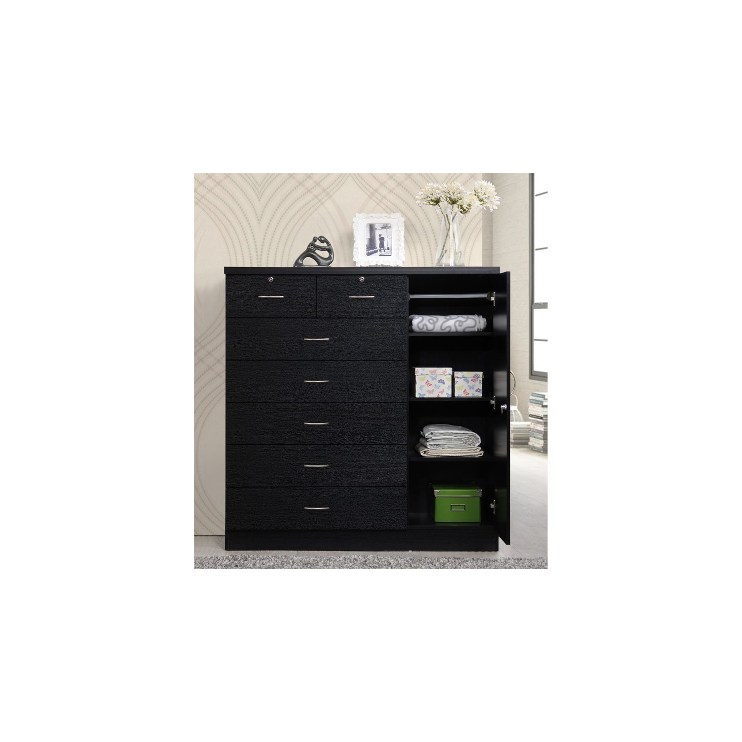 Hodedah 7 Drawer Chest with Locks on 2 Drawers and 1 Door in Black Wood
