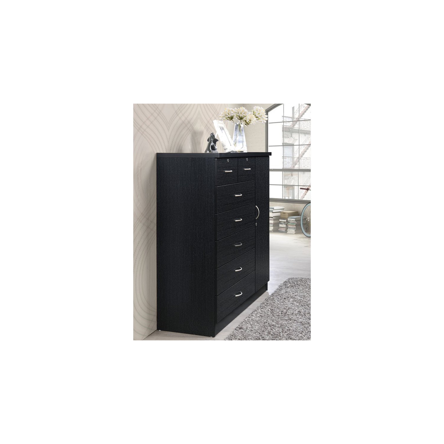 Hodedah 7 Drawer Chest with Locks on 2 Drawers and 1 Door in Black Wood