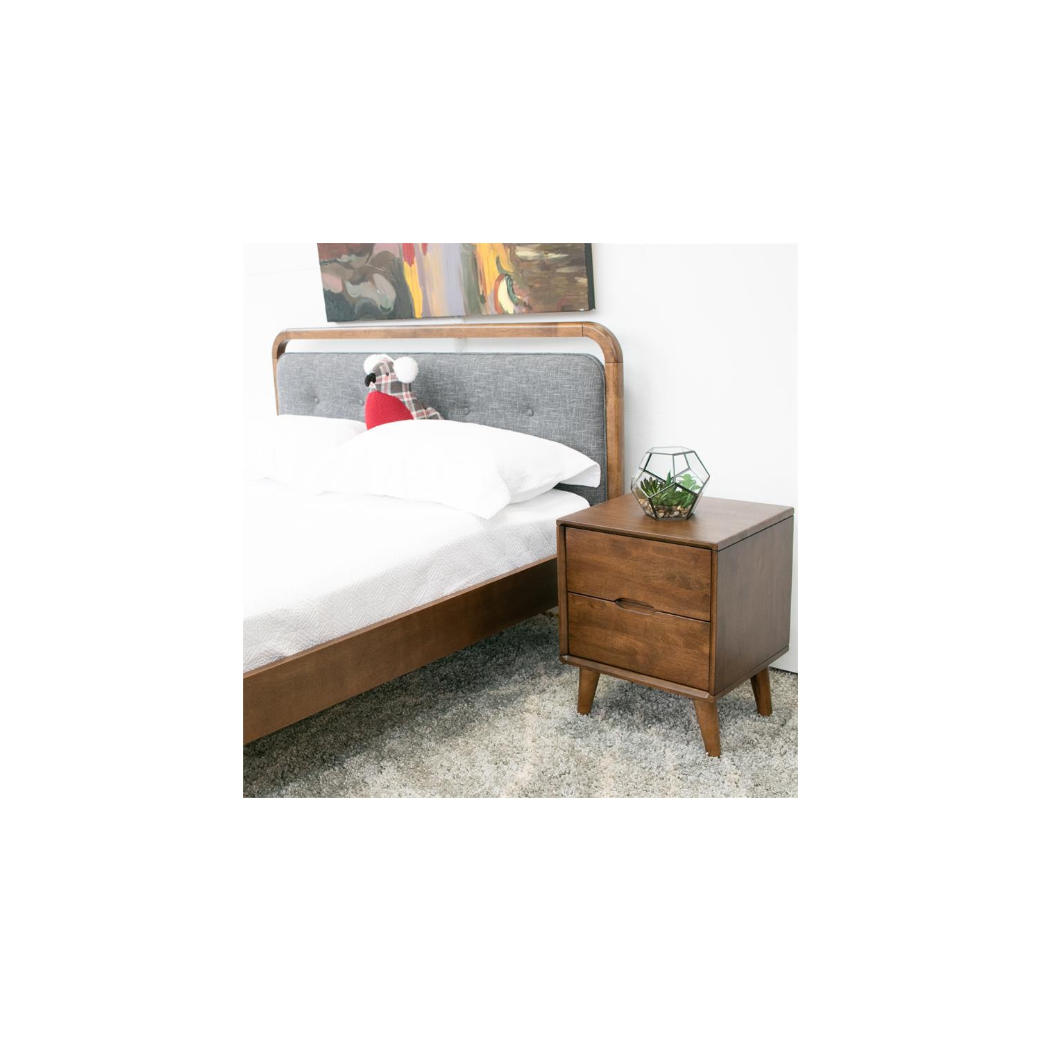 Table de chevet moderne Edie Mid Century avec 2 tiroirs, noyer