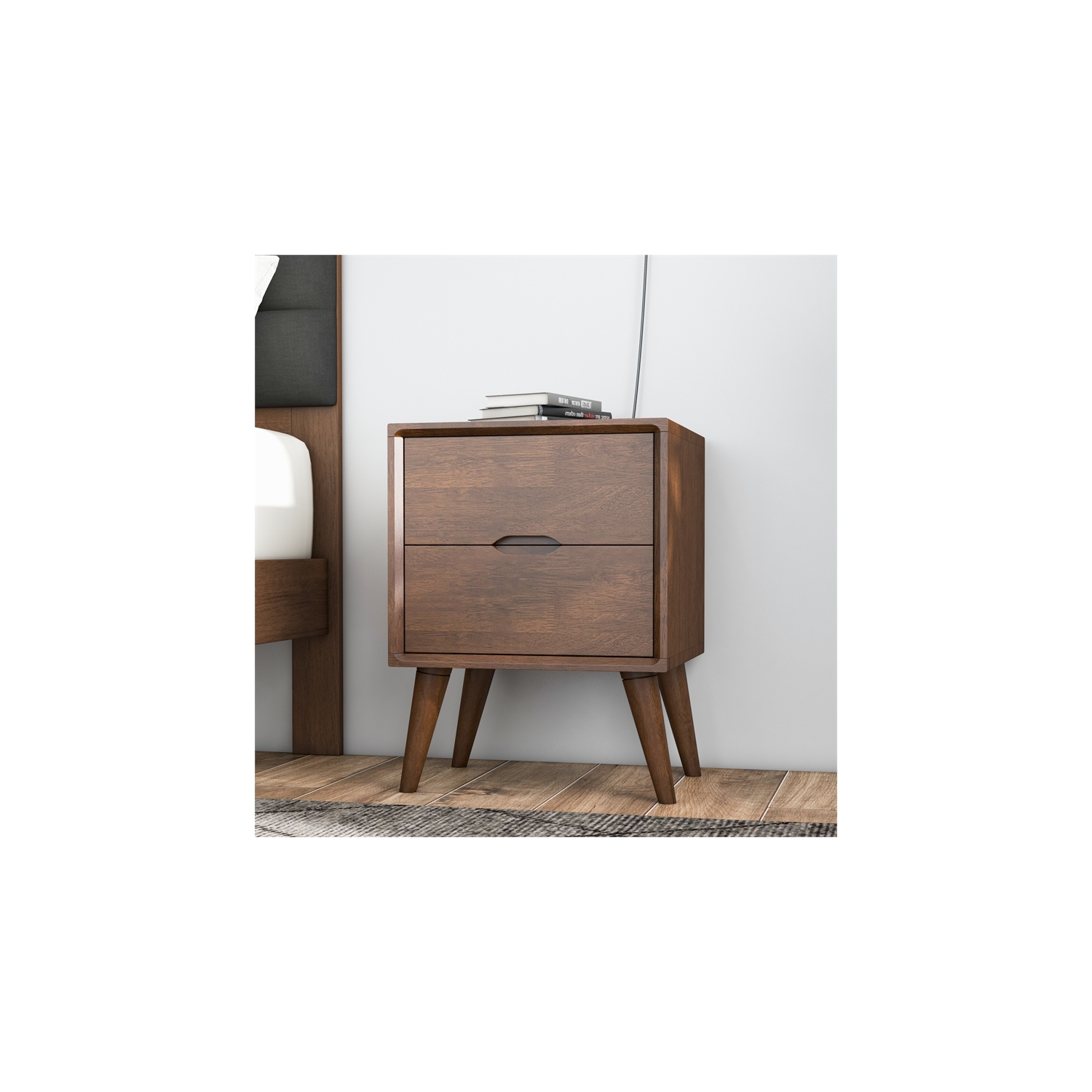 Table de chevet moderne Edie Mid Century avec 2 tiroirs, noyer