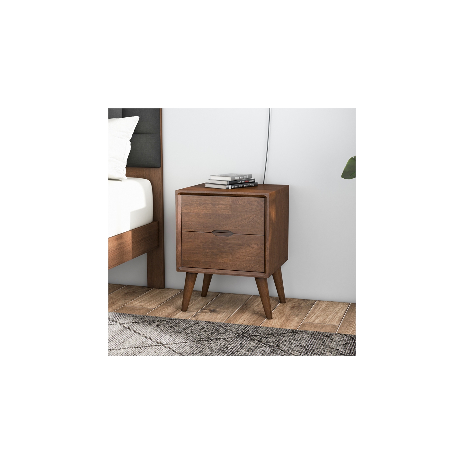Table de chevet moderne Edie Mid Century avec 2 tiroirs, noyer