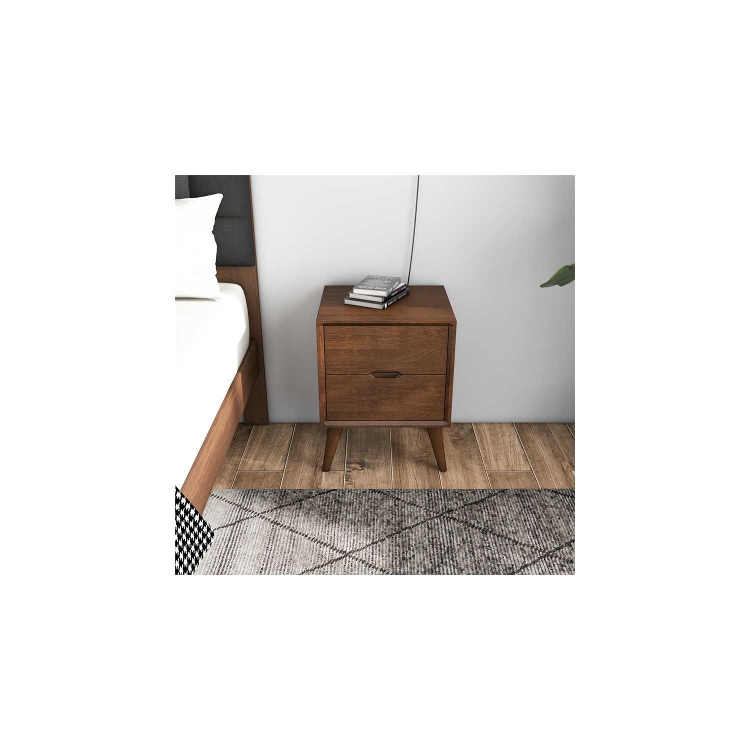 Table de chevet moderne Edie Mid Century avec 2 tiroirs, noyer