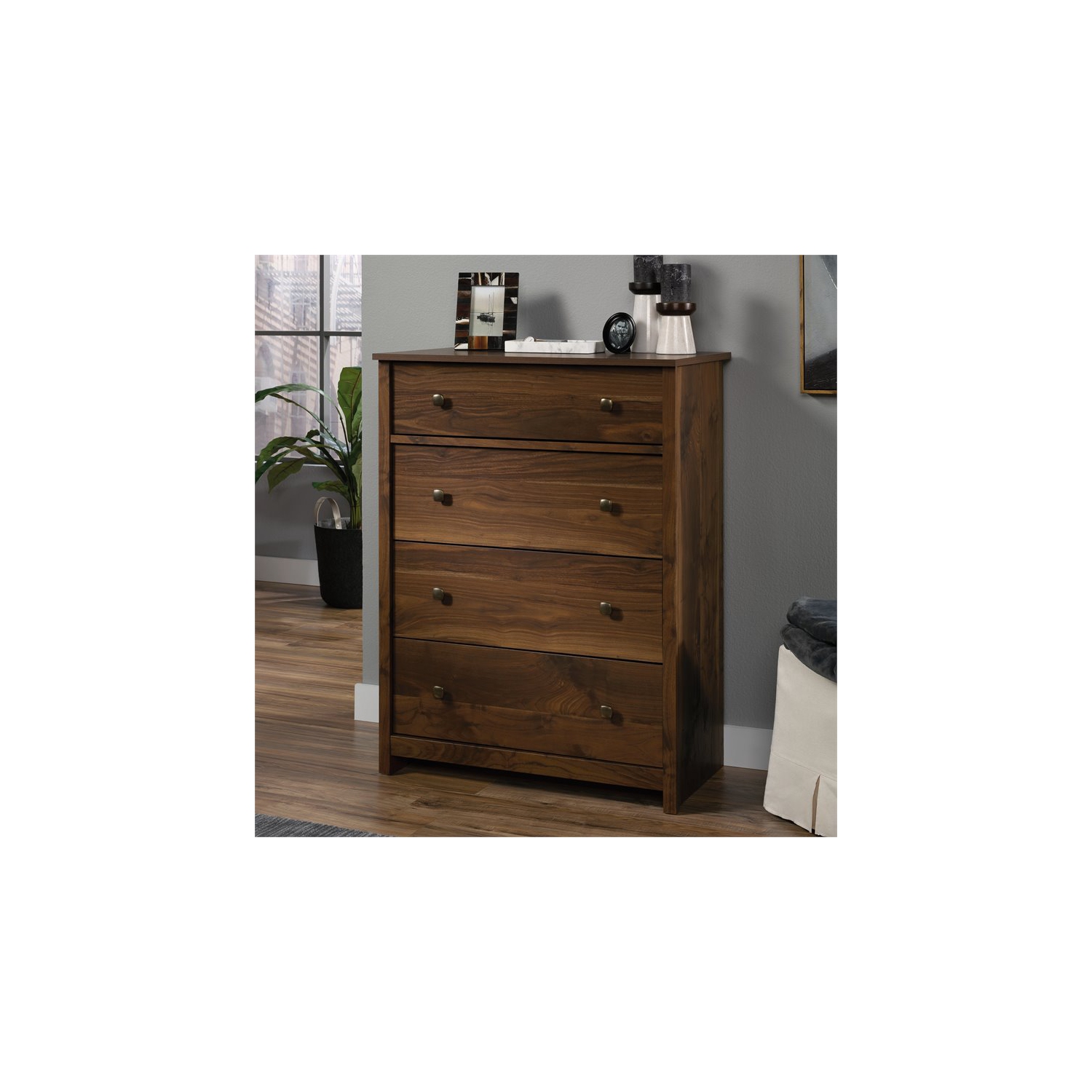 Sauder River Ranch 4 Drawer Wooden Chest in Grand Walnut