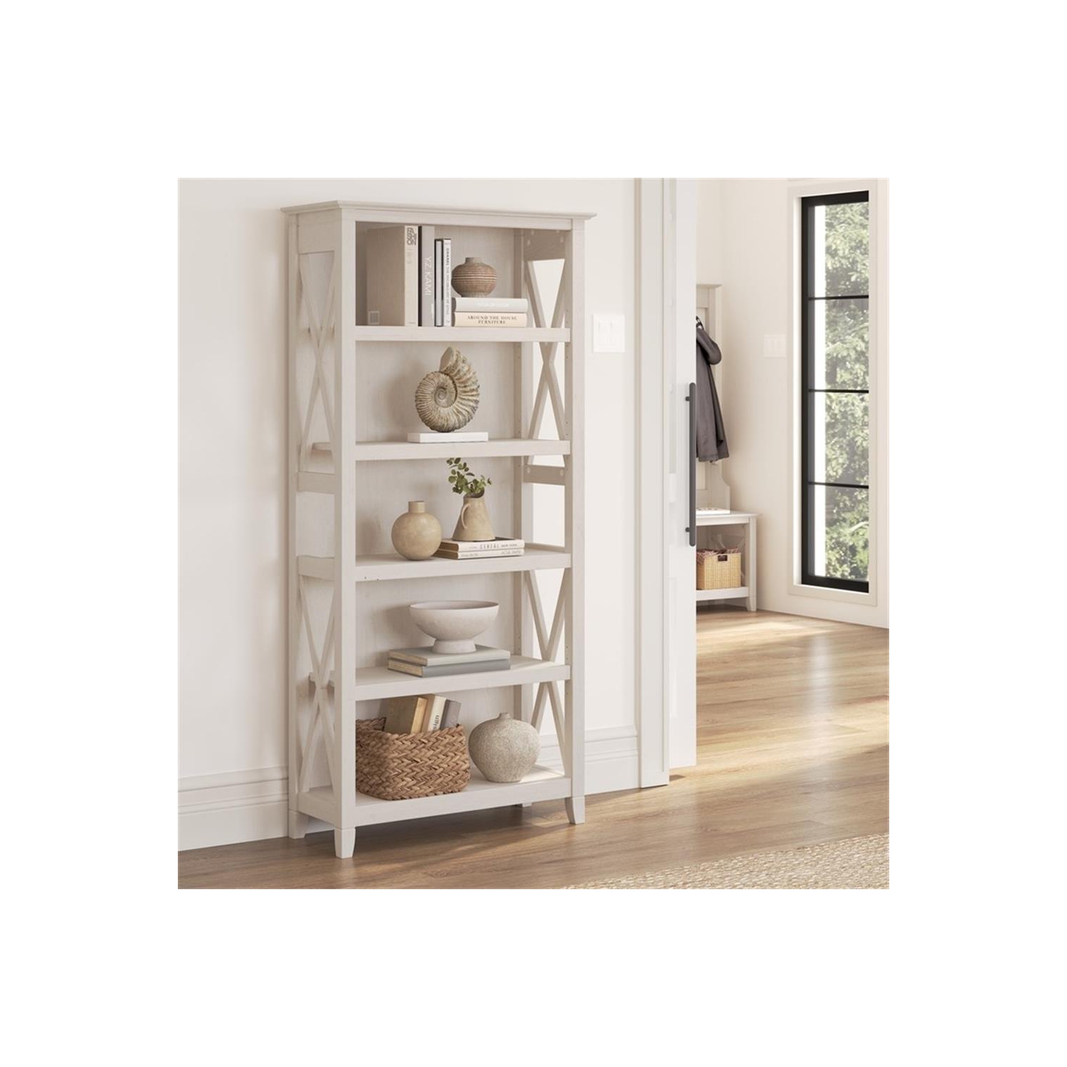 Key West Tall 5 Shelf Bookcase in Linen White Oak - Engineered Wood
