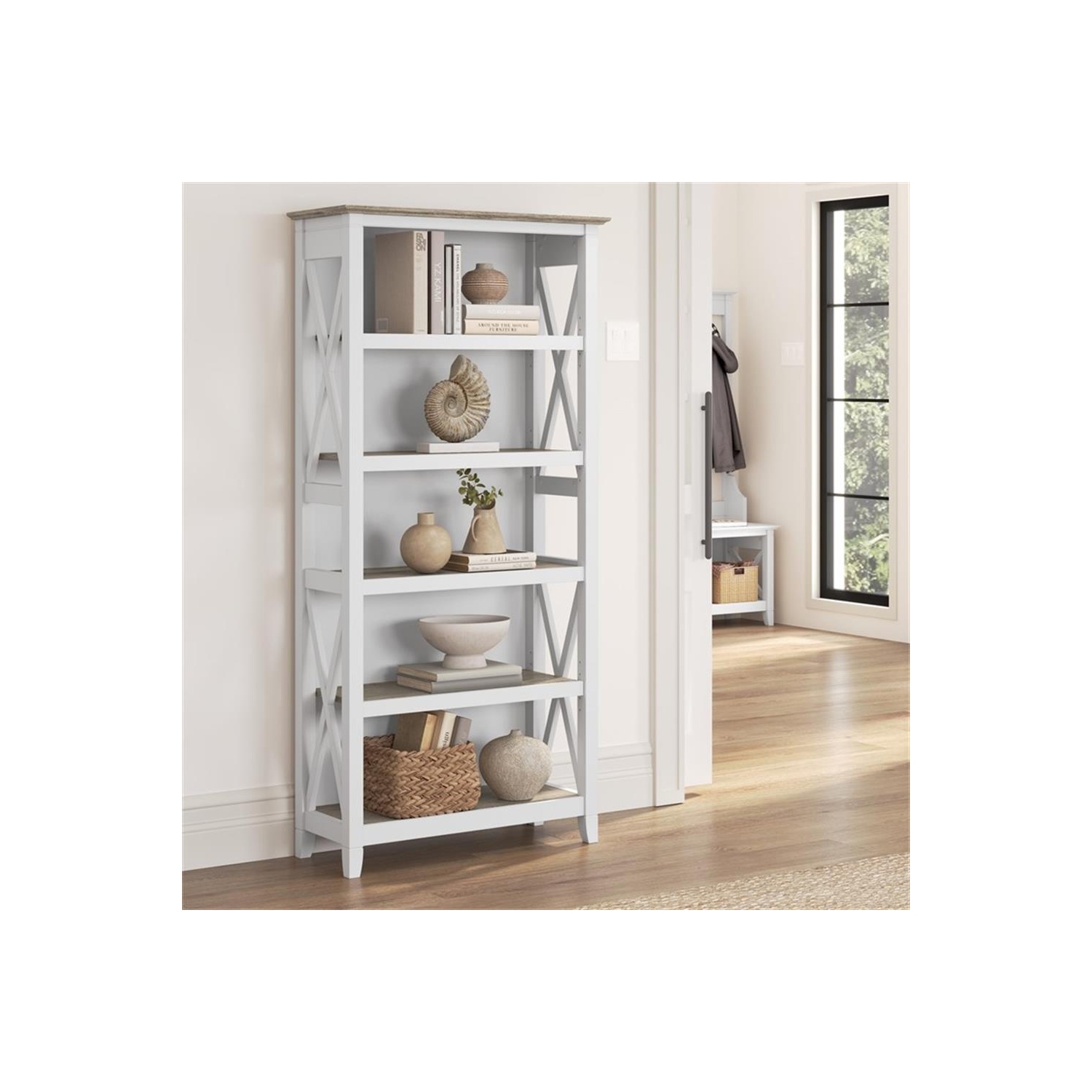 Key West Tall 5 Shelf Bookcase in Pure White and Shiplap Gray - Engineered Wood