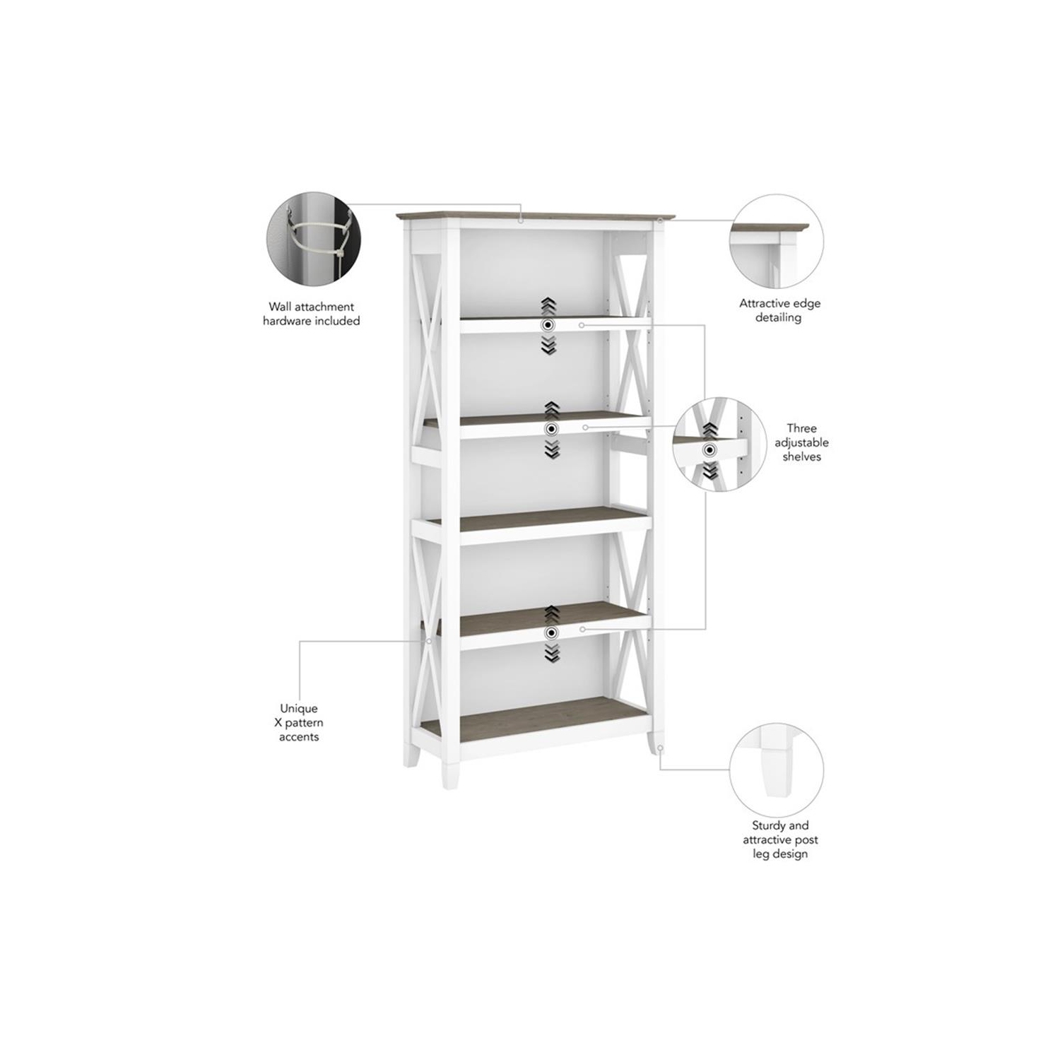 Key West Tall 5 Shelf Bookcase in Pure White and Shiplap Gray - Engineered Wood