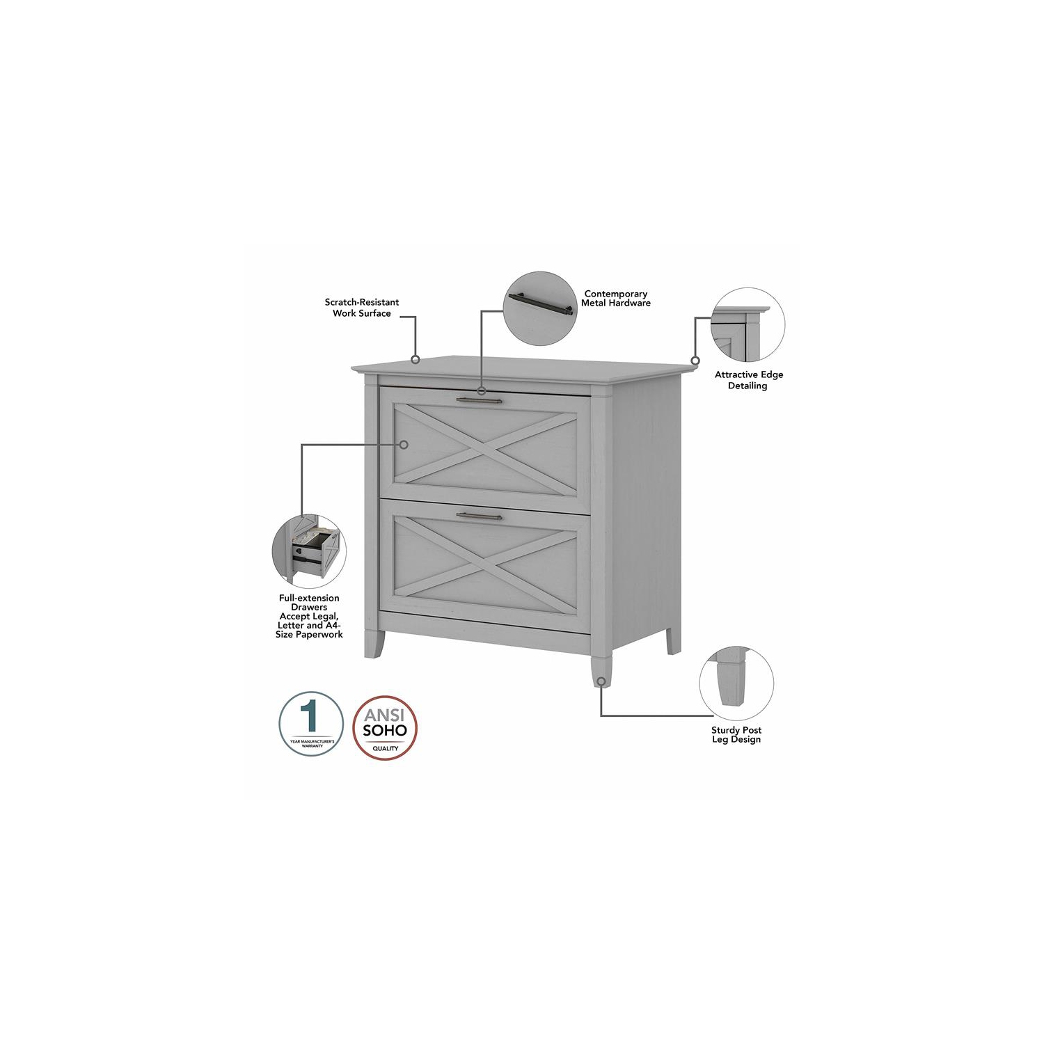 Classeur latéral à 2 tiroirs Key West, gris Cape Cod, bois d’ingénierie