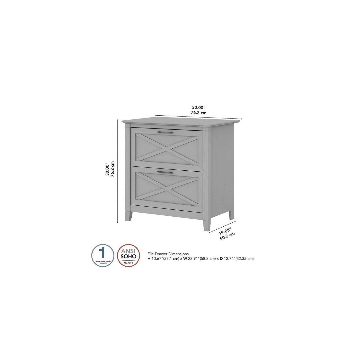 Classeur latéral à 2 tiroirs Key West, gris Cape Cod, bois d’ingénierie