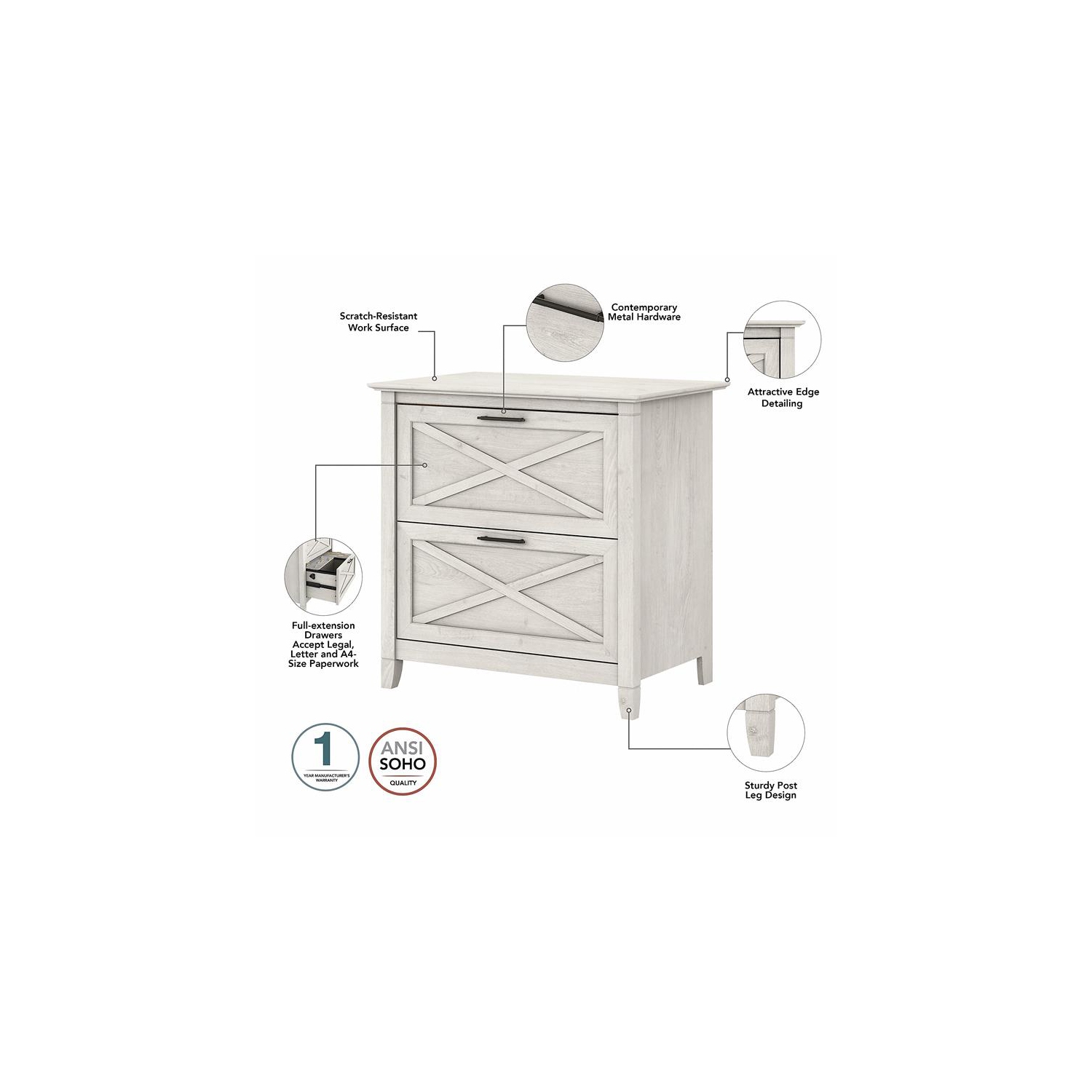 Key West 2 Drawer Lateral File Cabinet in Linen White Oak - Engineered Wood