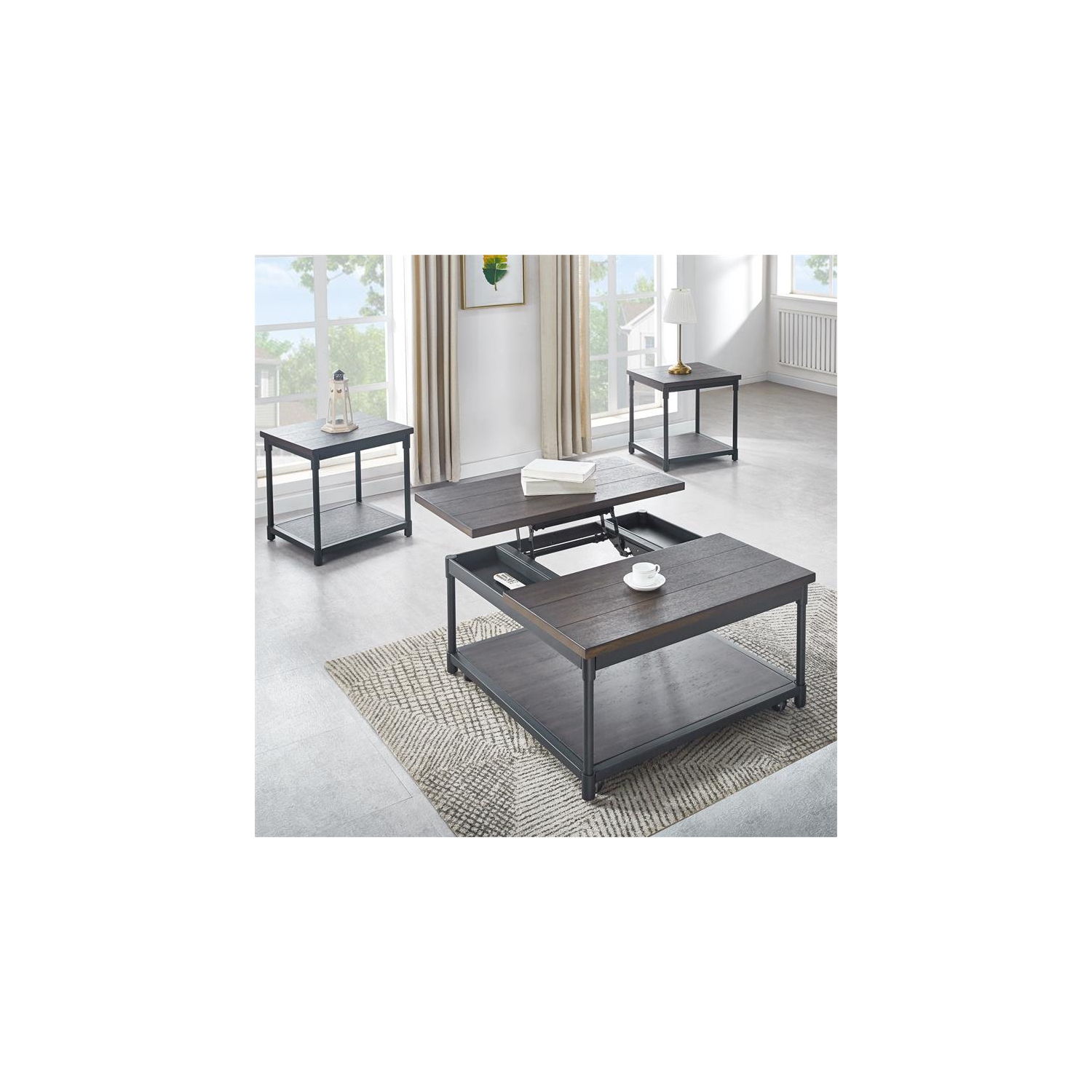 Table basse carrée à dessus relevable en métal noir et chêne fumé Bowery Hill