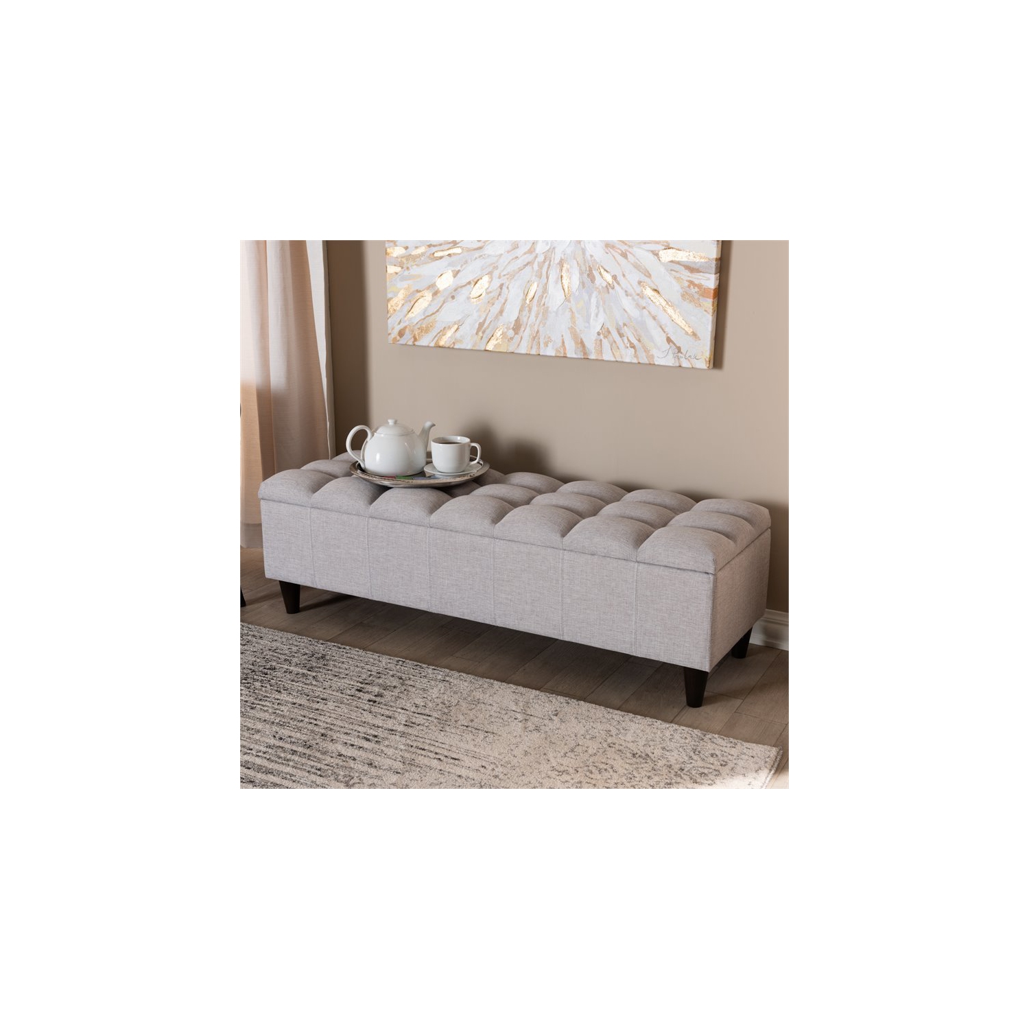 Baxton Studio Brett Tufted Fabric and Wood Storage Ottoman in Gray Beige