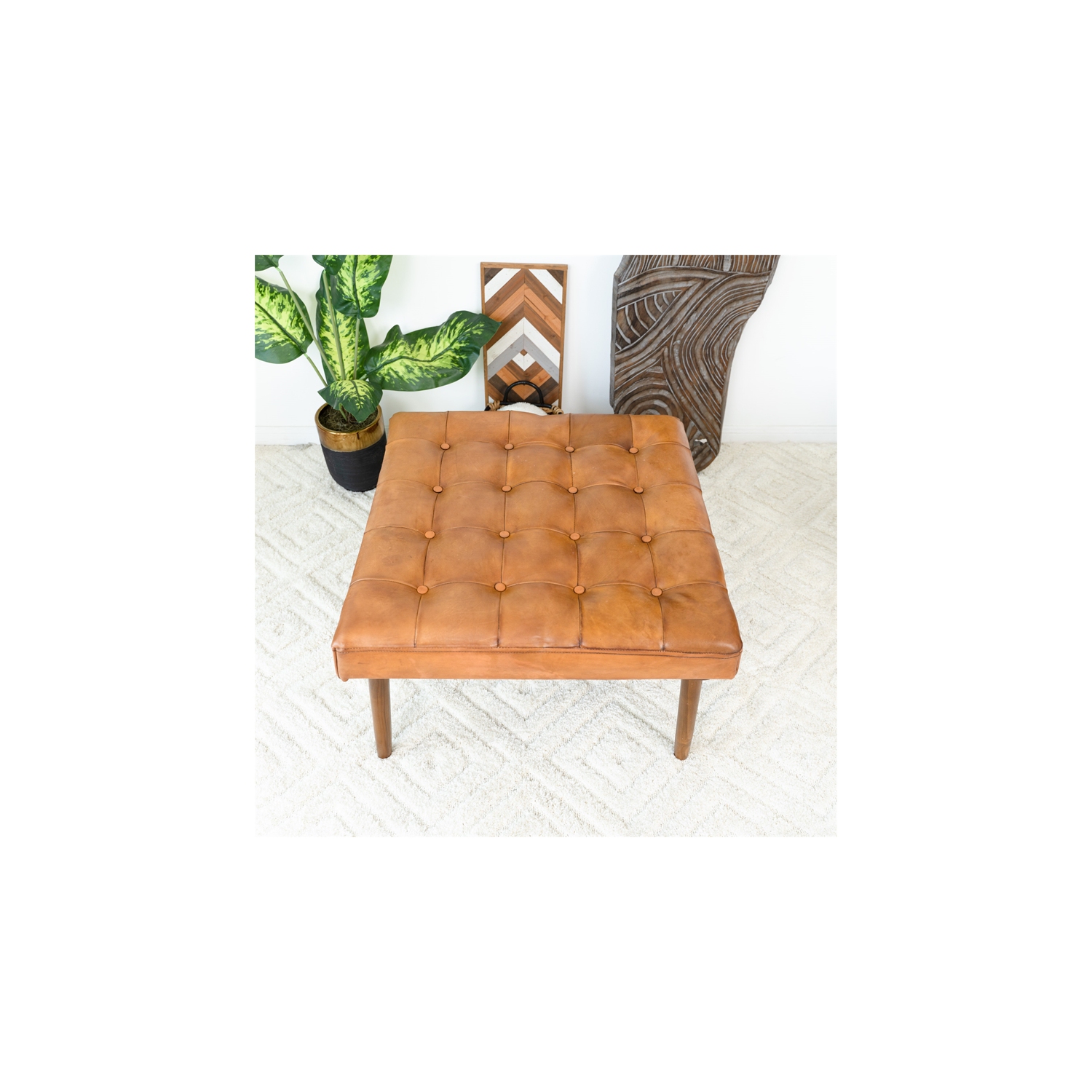 Alvar Mid-Century Modern Square Tufted Genuine Leather Ottoman in Tan