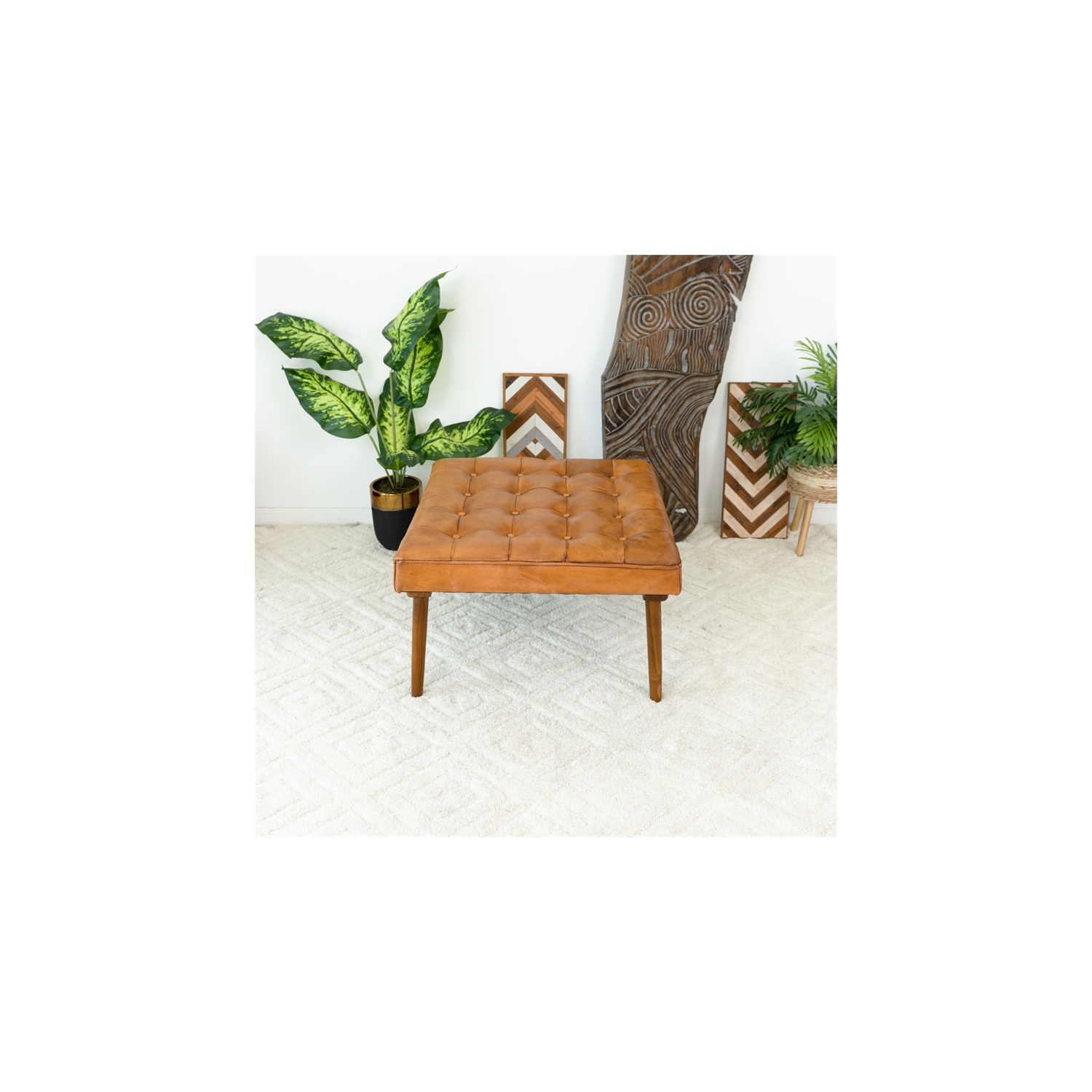 Alvar Mid-Century Modern Square Tufted Genuine Leather Ottoman in Tan