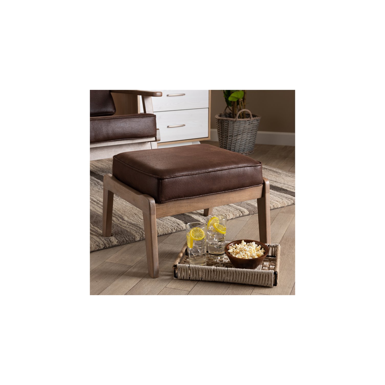 Bowery Hill Dark Brown Faux Leather Upholstered Oak Wood Ottoman