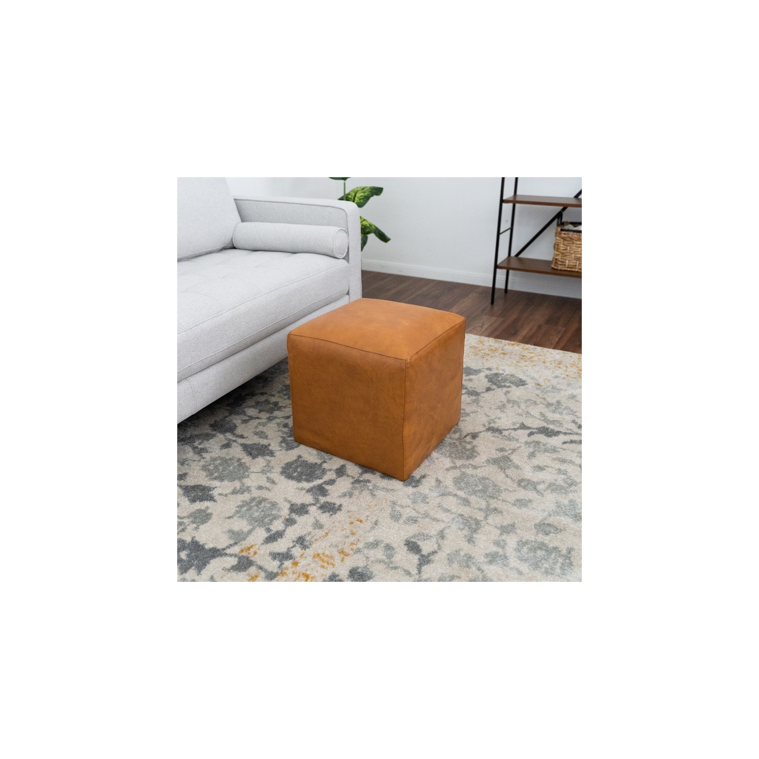 Lou Mid-Century Modern Design Square Genuine Leather Ottoman in Tan