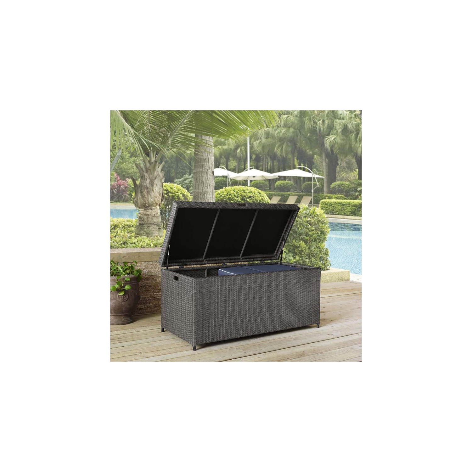 Pemberly Row Wicker Patio Deck Box in Weathered Gray