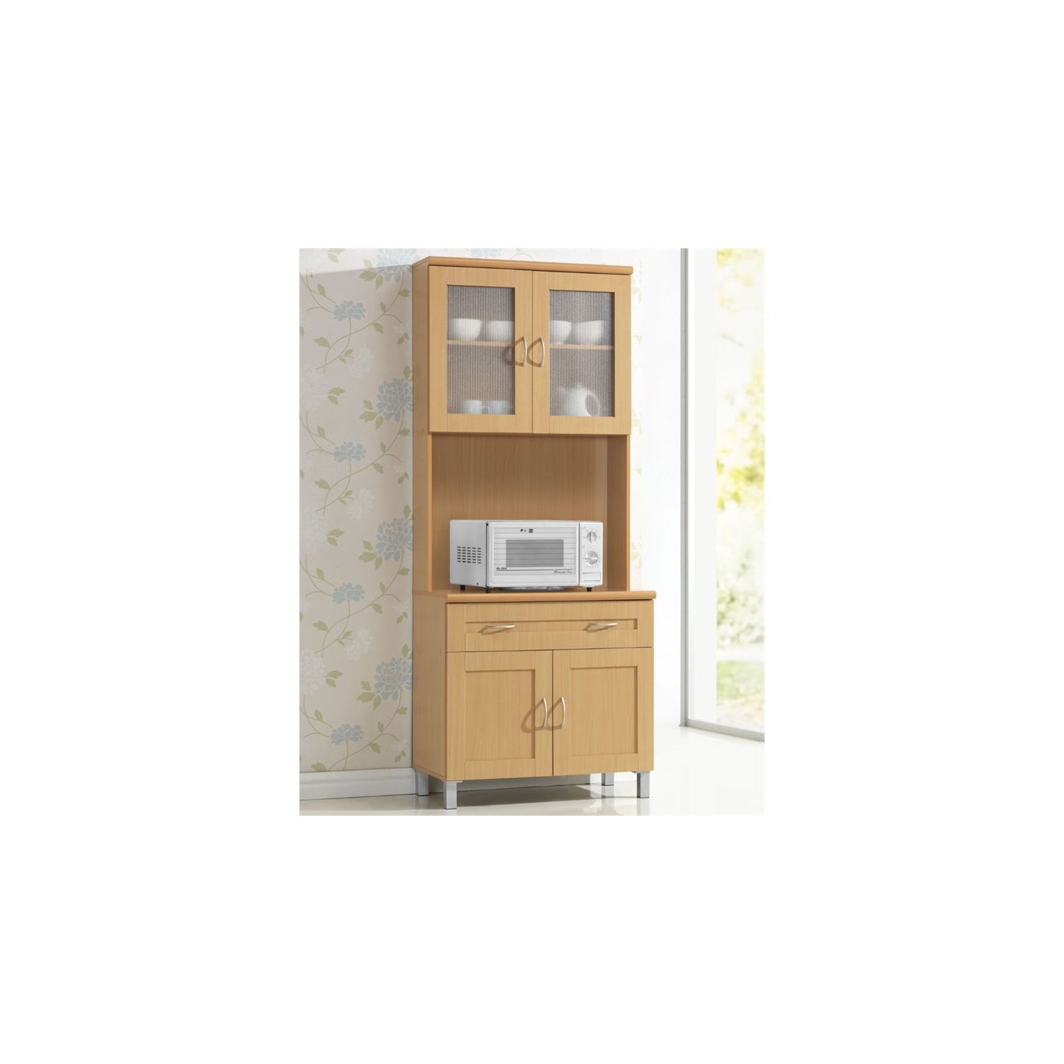 Hodedah Kitchen Cabinet with Top and Bottom Enclosed Cabinet Space in Beige Wood