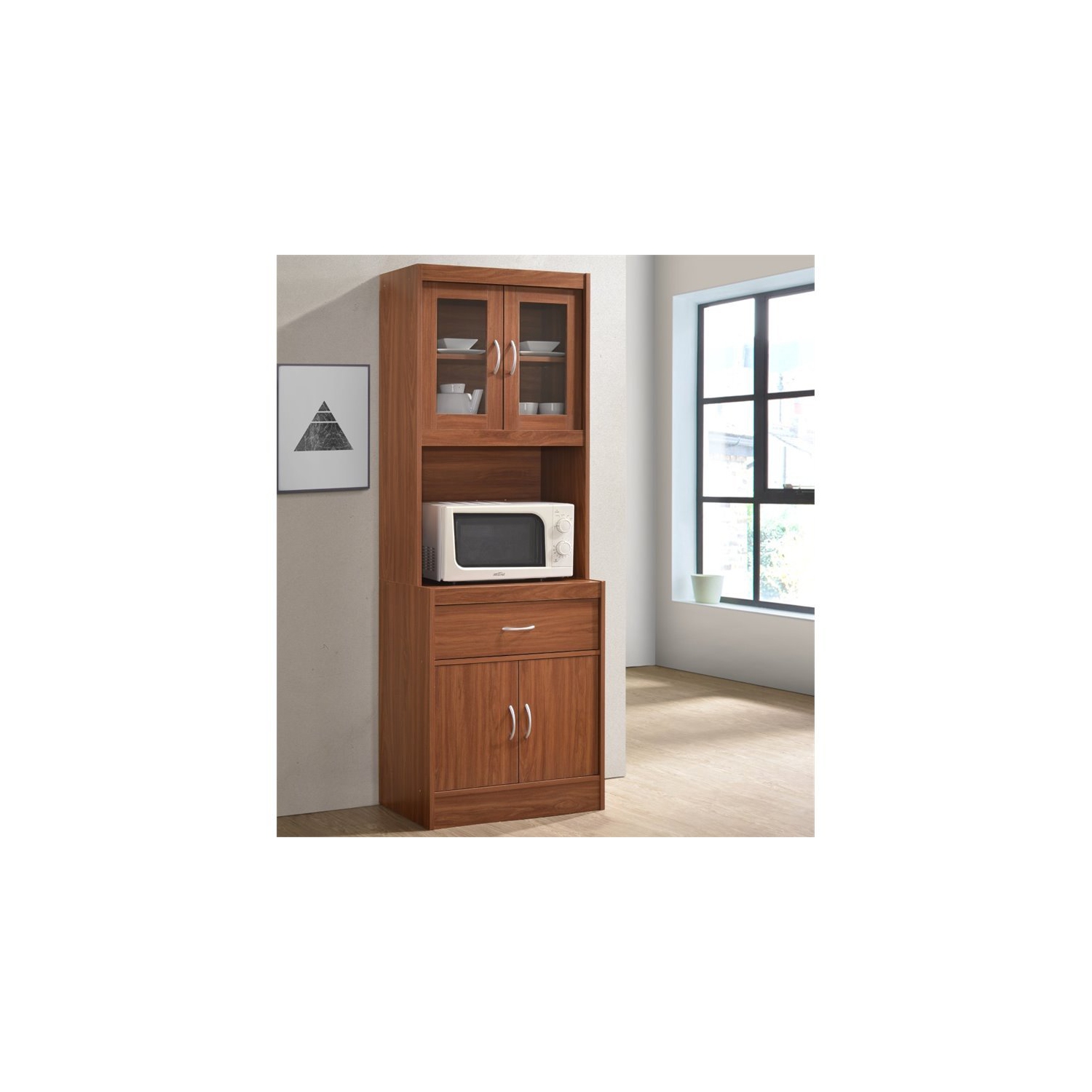 Hodedah Kitchen Cabinet with 1 Drawer plus Space for Microwave in Cherry Wood