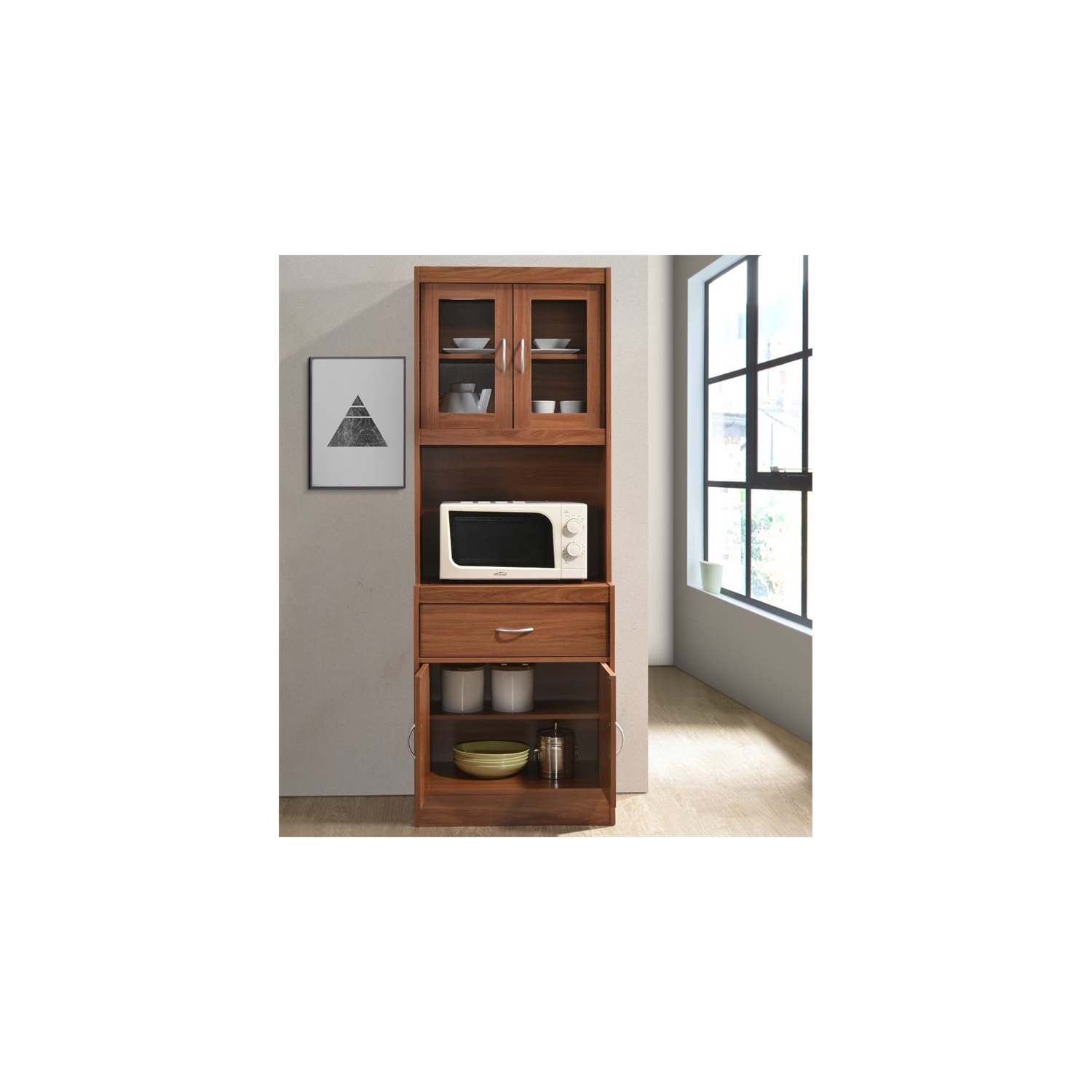 Hodedah Kitchen Cabinet with 1 Drawer plus Space for Microwave in Cherry Wood
