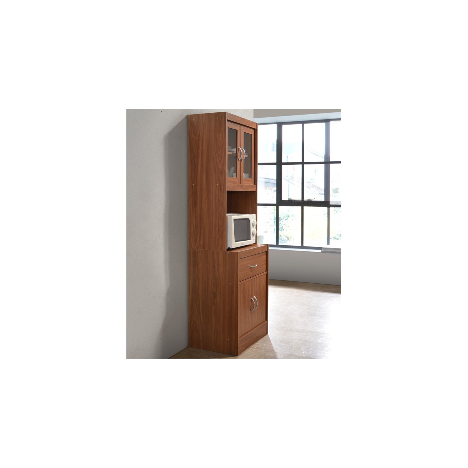 Hodedah Kitchen Cabinet with 1 Drawer plus Space for Microwave in Cherry Wood