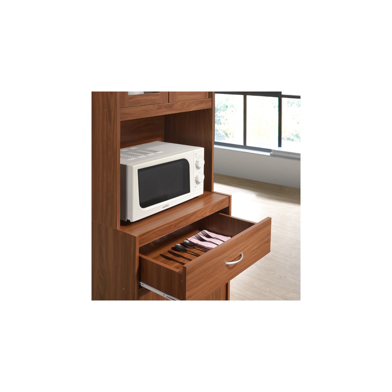 Hodedah Kitchen Cabinet with 1 Drawer plus Space for Microwave in Cherry Wood