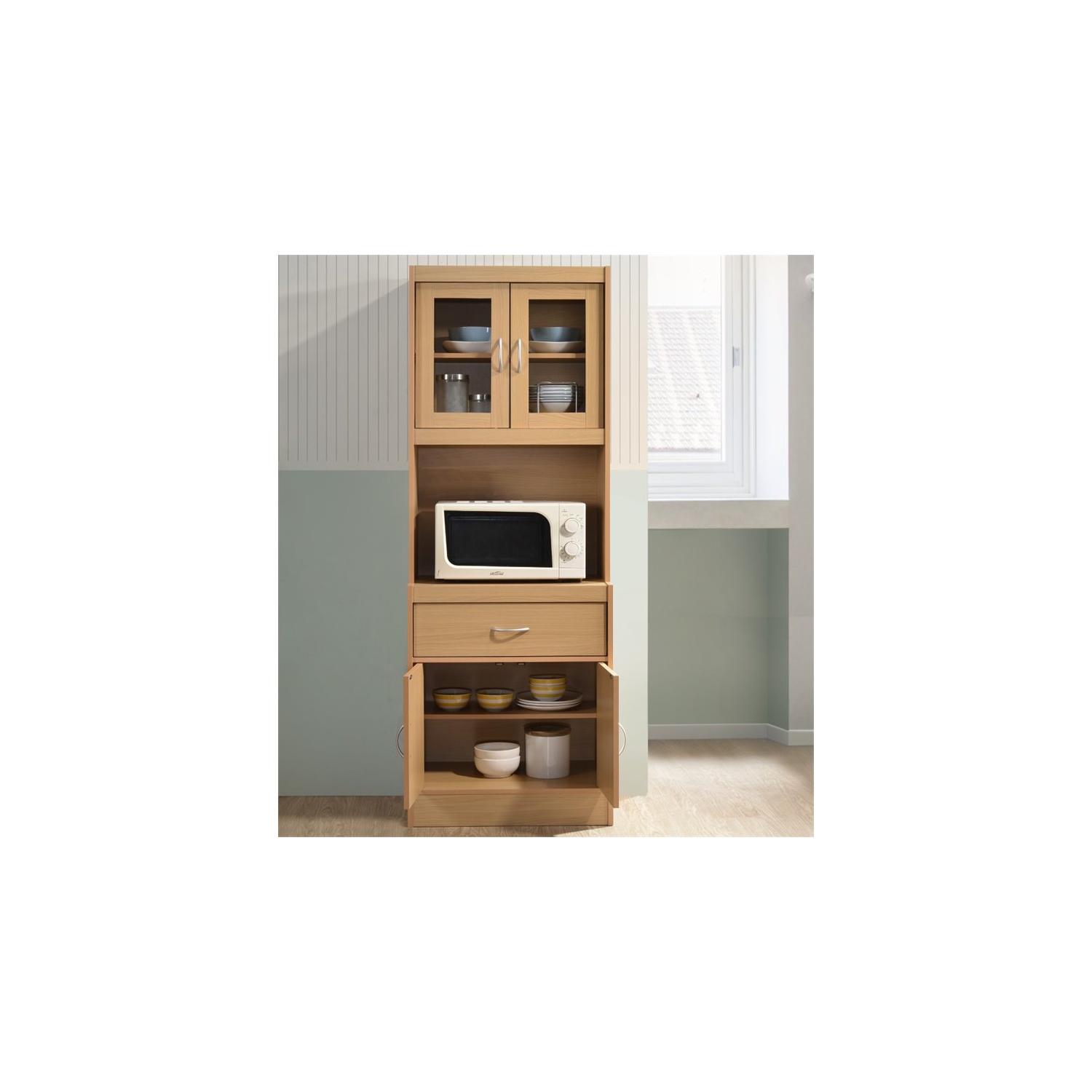 Hodedah Kitchen Cabinet with 1 Drawer plus Space for Microwave in Beige Wood