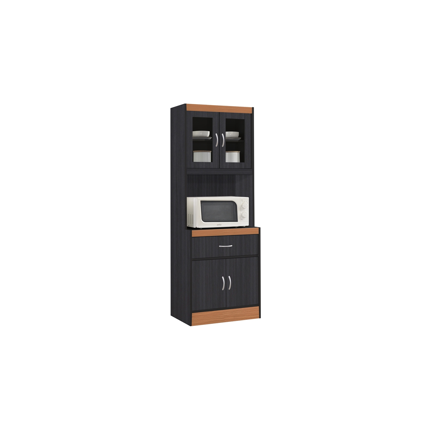 Hodedah Kitchen Cabinet 1 Drawer and Space for Microwave in Black-Beige Wood