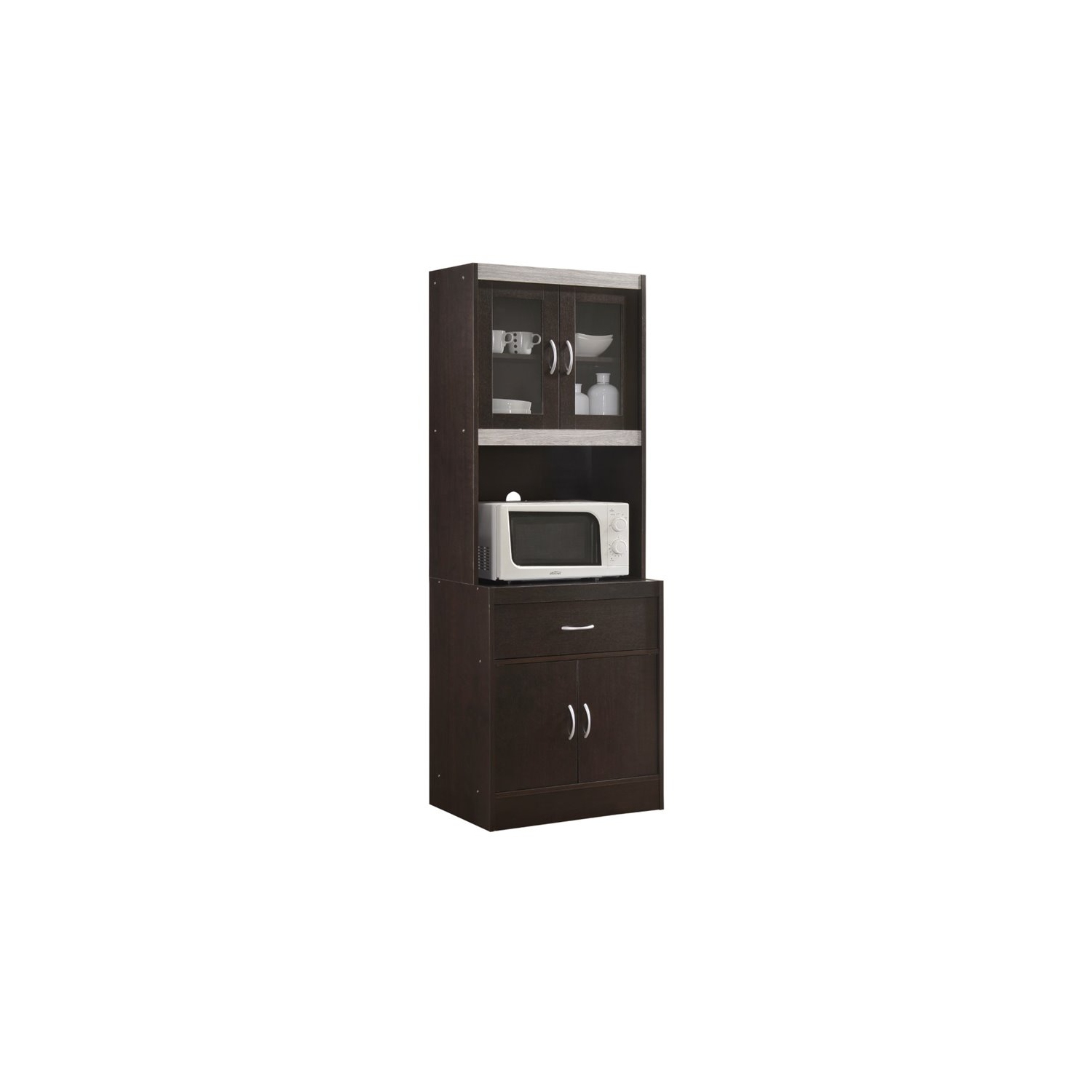 Hodedah Kitchen Cabinet 1 Drawer and Space for Microwave in Chocolate-Grey Wood