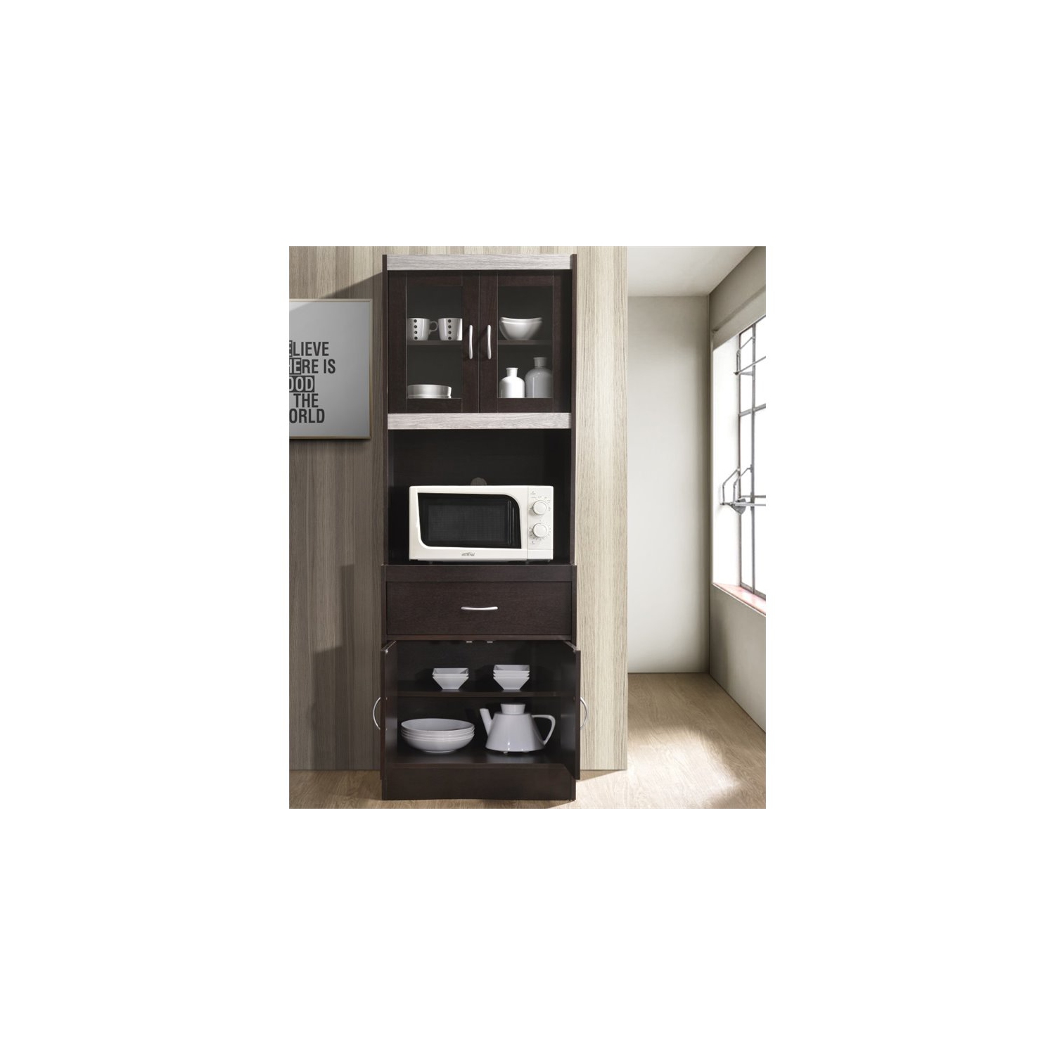 Hodedah Kitchen Cabinet 1 Drawer and Space for Microwave in Chocolate-Grey Wood