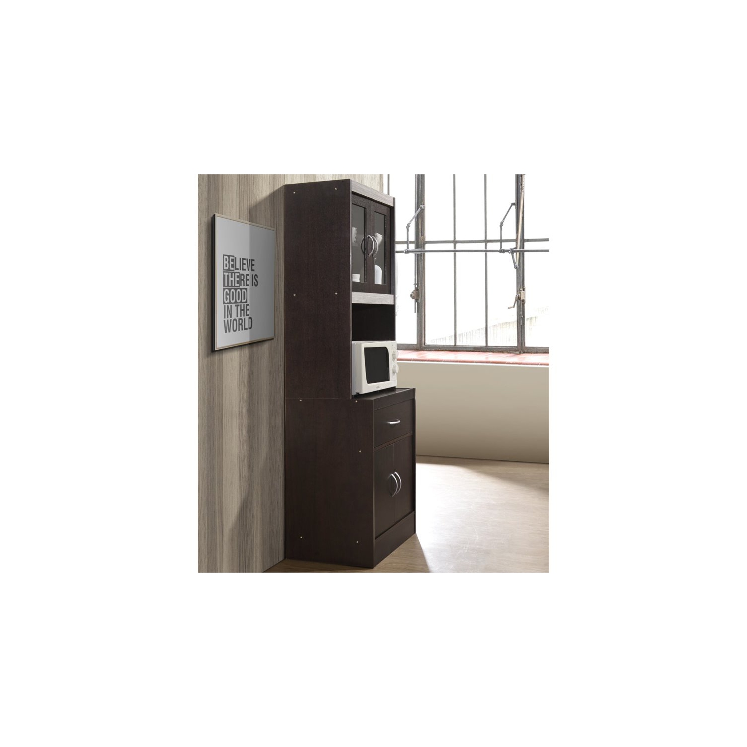 Hodedah Kitchen Cabinet 1 Drawer and Space for Microwave in Chocolate-Grey Wood