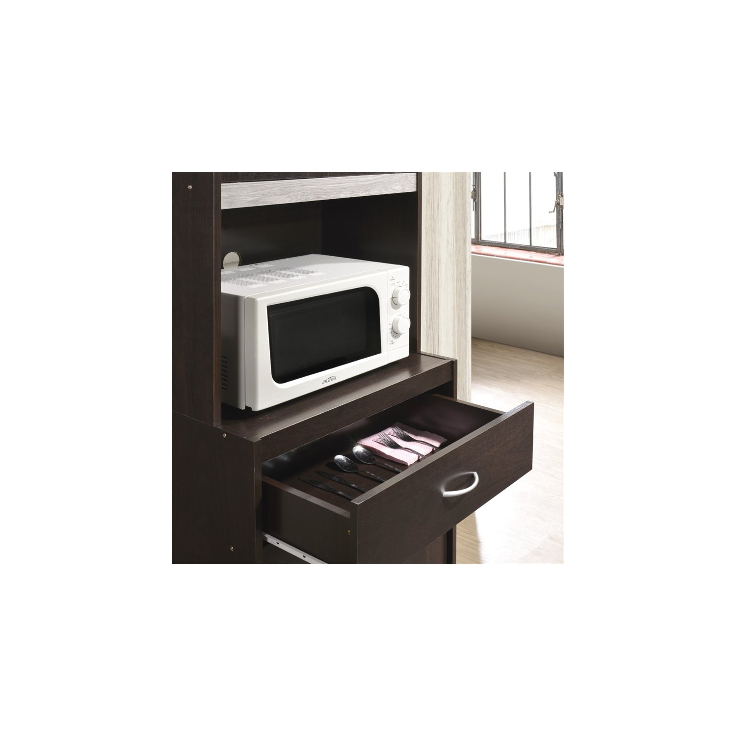 Hodedah Kitchen Cabinet 1 Drawer and Space for Microwave in Chocolate-Grey Wood