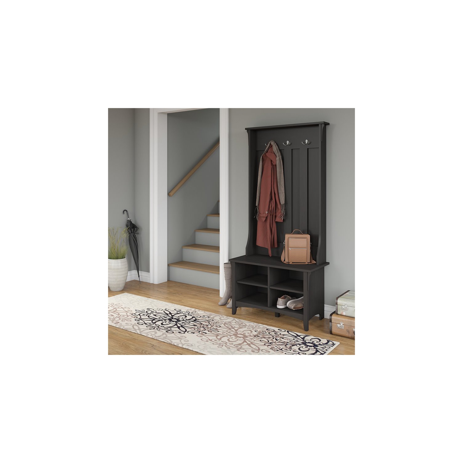 Portemanteau avec banc de rangement noir rétro de Salinas - bois d’ingénierie