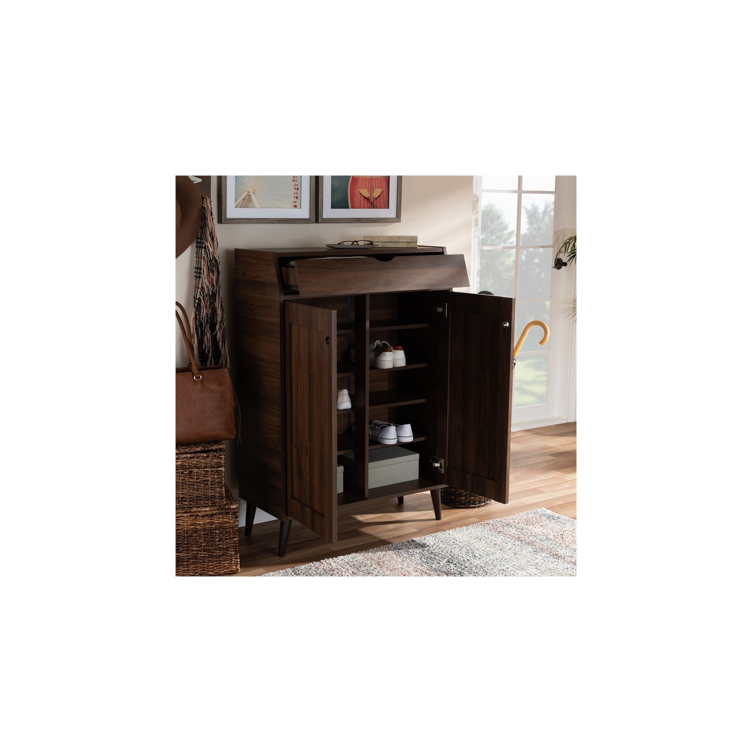 Baxton Studio Cormier Walnut Brown finished 2-Door Wood Shoe Cabinet