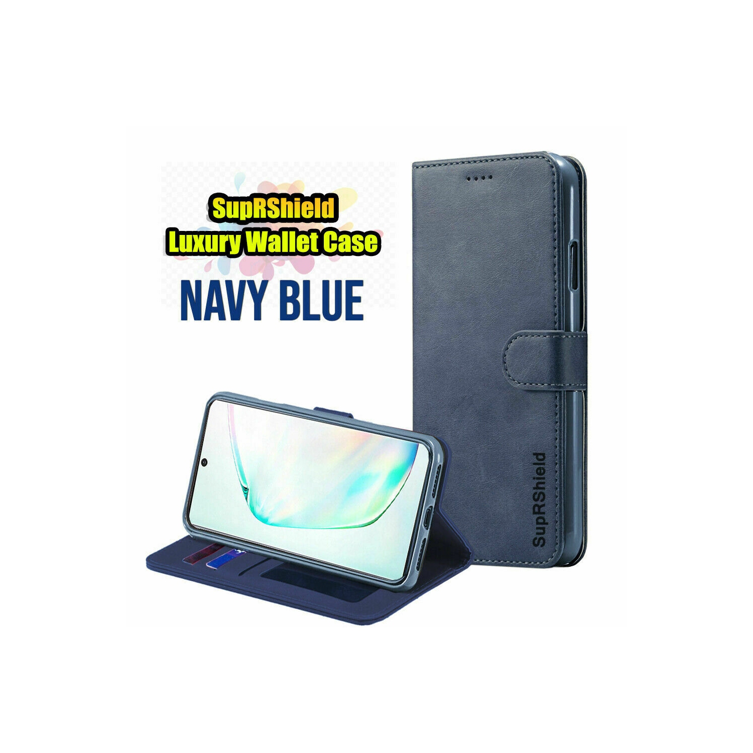 Samsung Galaxy A30 Navy Blue SupRShield Wallet Leather Card Holder Flip Protective Shockproof Magnetic Case Cover