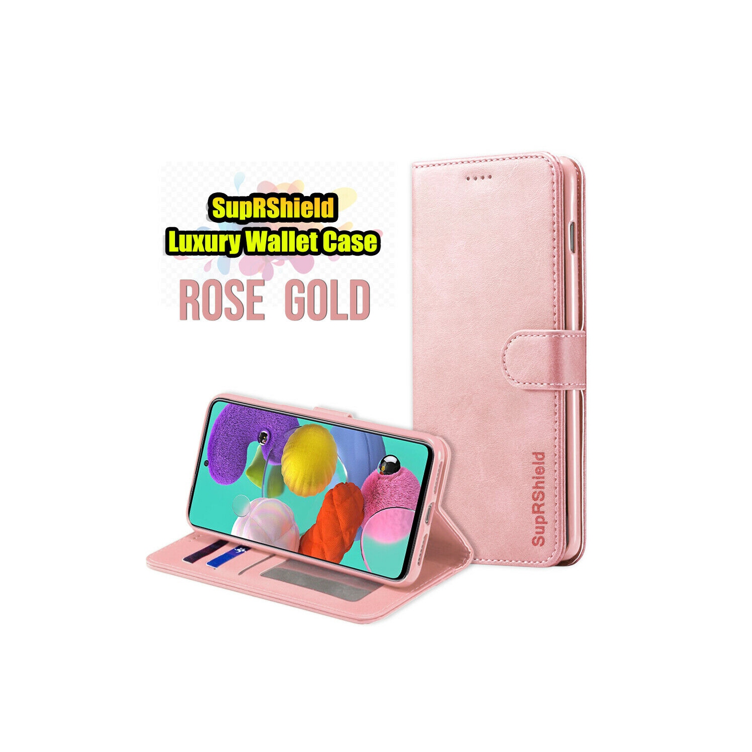 Samsung Galaxy A51 Case Rose Gold SupRShield Wallet Leather Card Holder Flip Protective Shockproof Magnetic Case Cover
