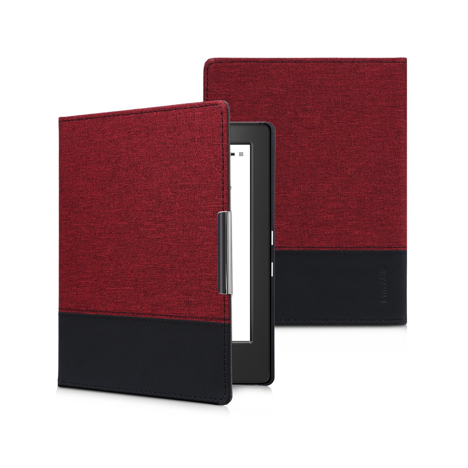 kwmobile Case Compatible with Kobo Aura H2O Edition 1 - PU Leather and Canvas e-Reader Cover - Dark Red/Black