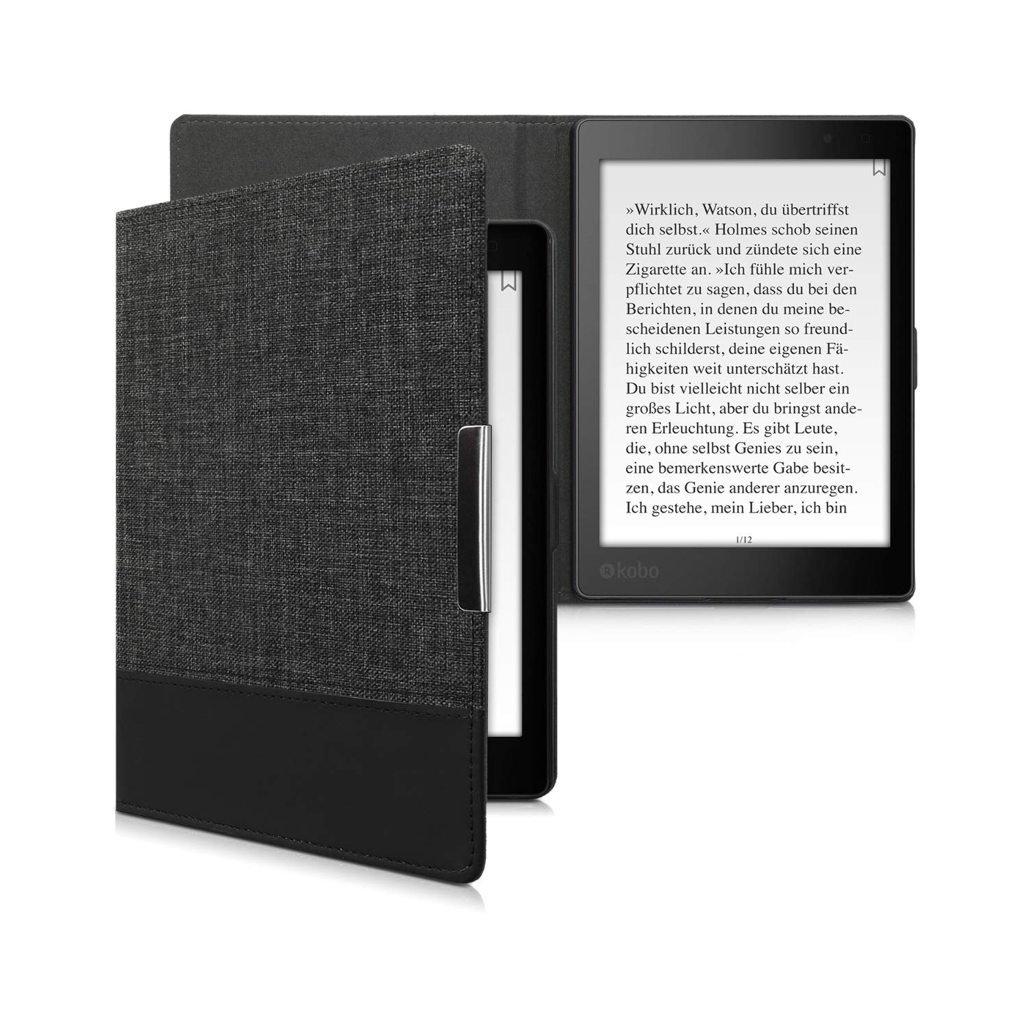 kwmobile Case Compatible with Kobo Aura ONE - PU Leather and Canvas e-Reader Cover - Anthracite/Black
