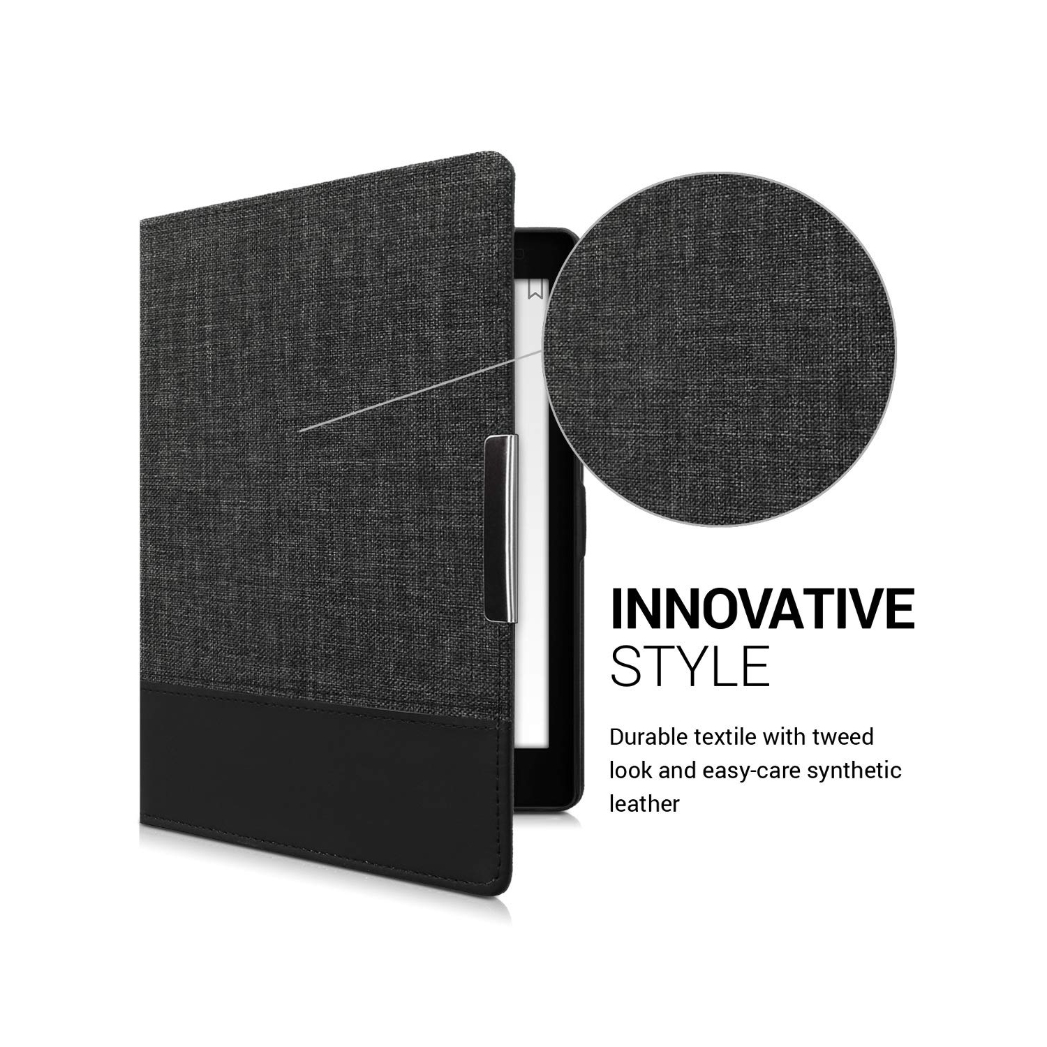 kwmobile Case Compatible with Kobo Aura ONE - PU Leather and Canvas e-Reader Cover - Anthracite/Black